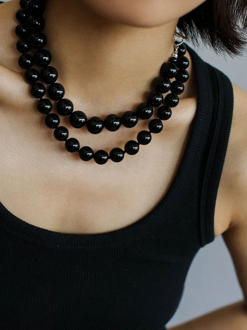 Black Agate Beaded OT Buckle Necklace-14mm