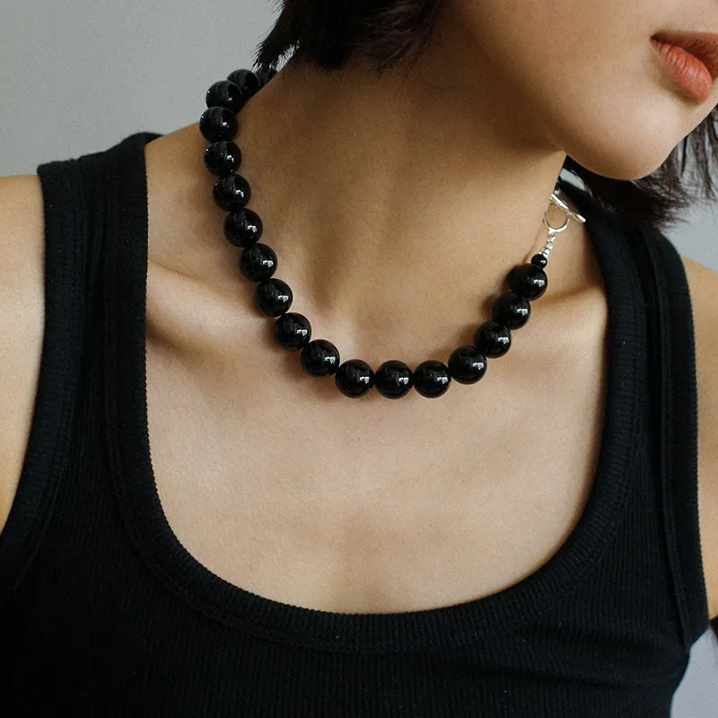 Black Agate Beaded OT Buckle Necklace-14mm