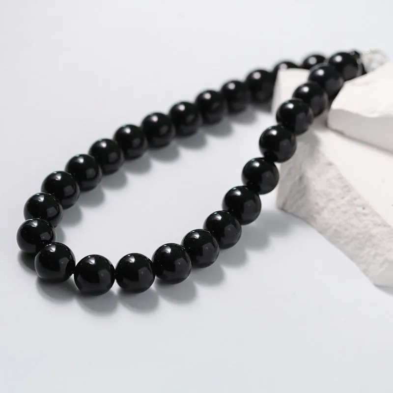 Black Agate Beaded OT Buckle Necklace-14mm