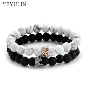 Black & White Crown Charm Natural Stone Diffuser Bracelet