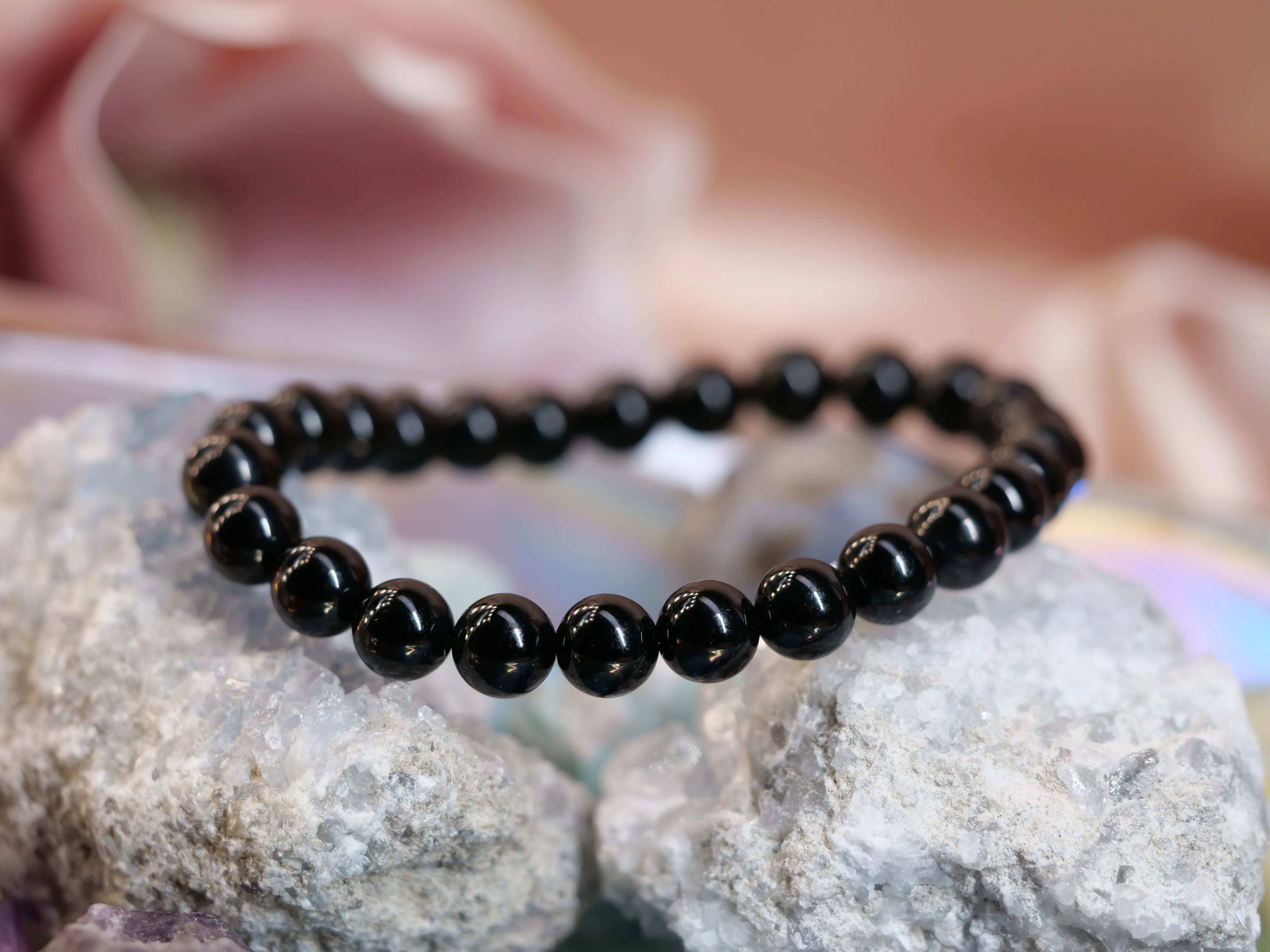 Black Tourmaline 8mm Beaded Natural Gemstone Elastic Bracelet, Genuine Top Grade Gift Jewelry, Men Women Fashion Crystal Energy Jewellery