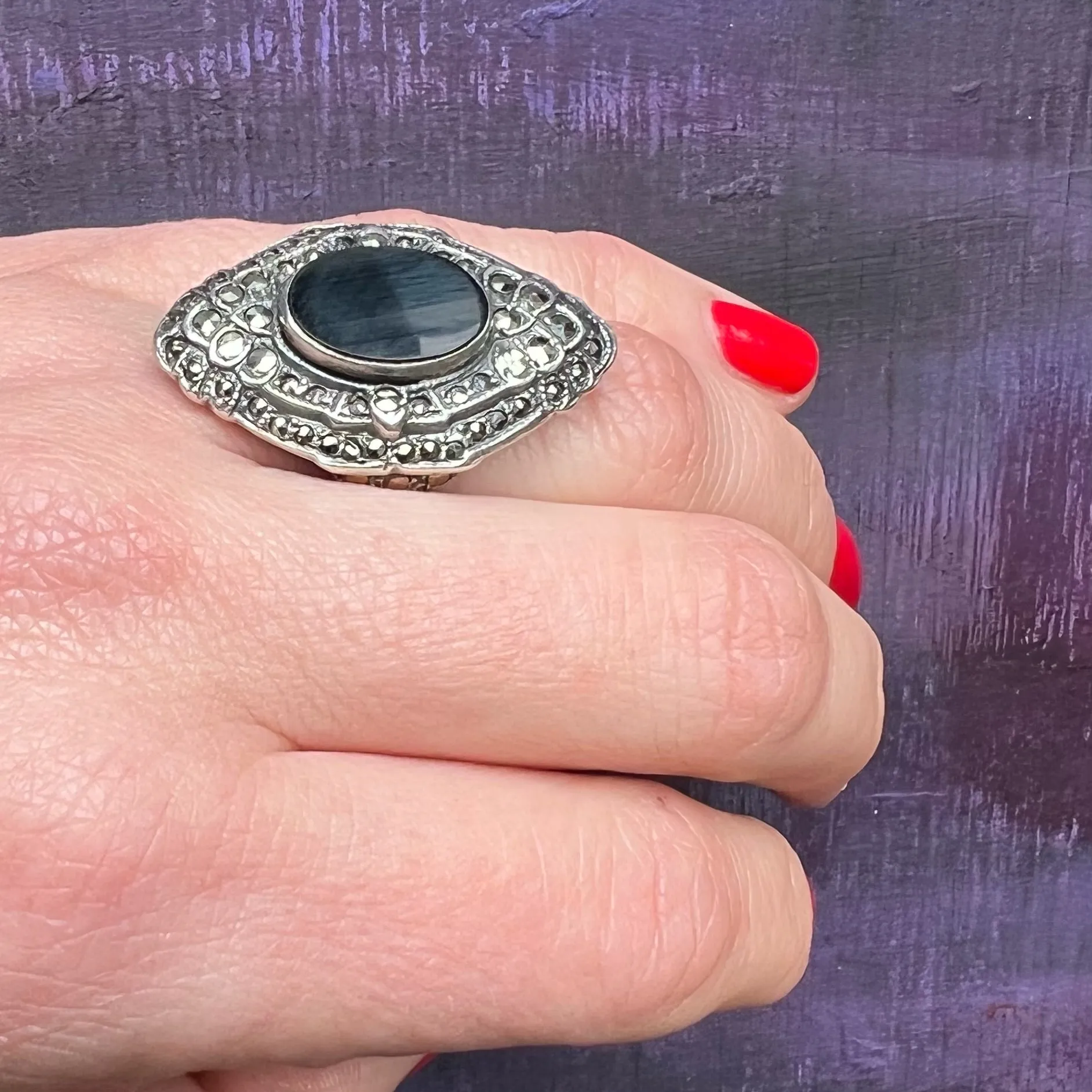 Bold Onyx & Marcasite Art Deco Ring