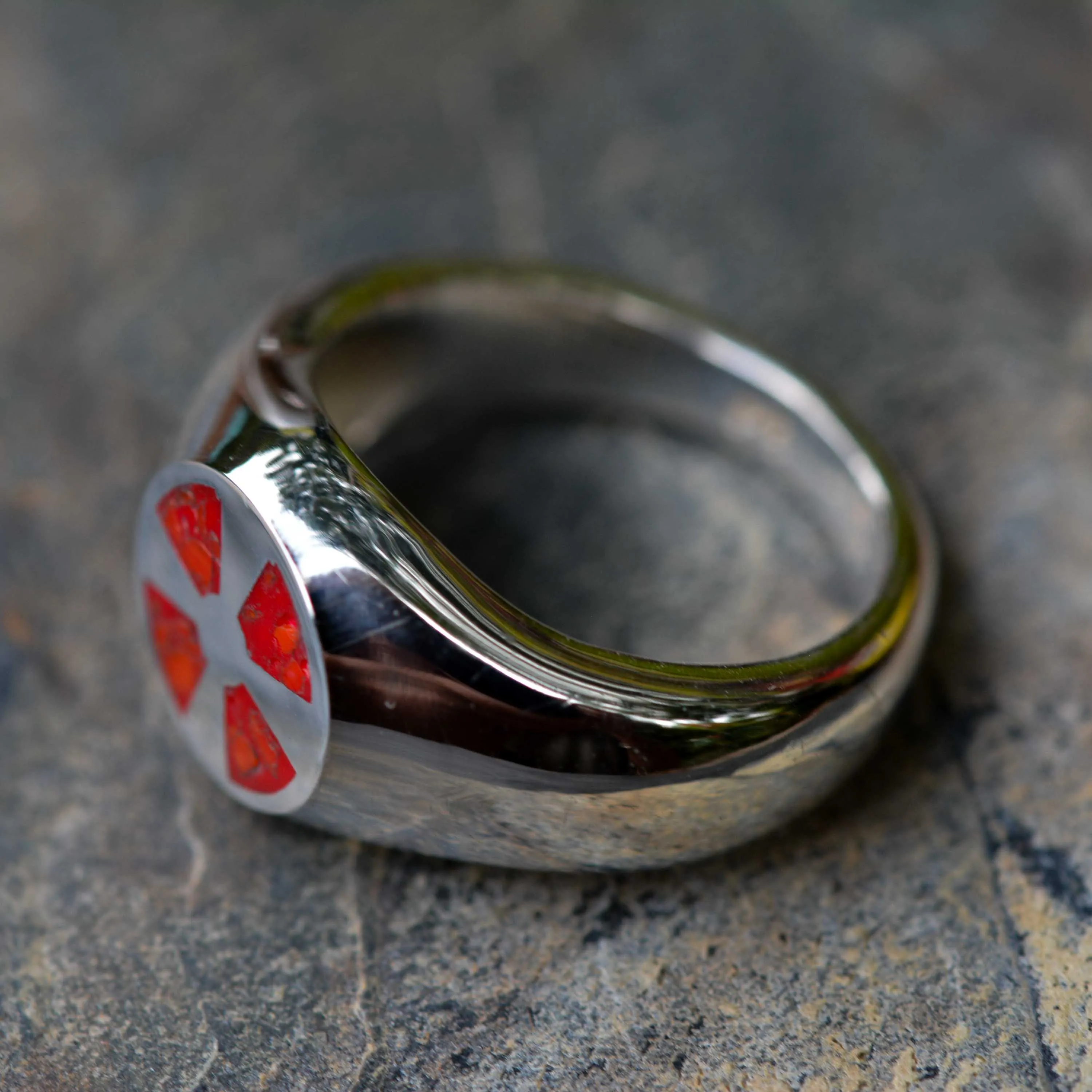 Bold Silver Signet Ring with Red Irish Cross and Coral Inlay ***SPECIAL OFFER***