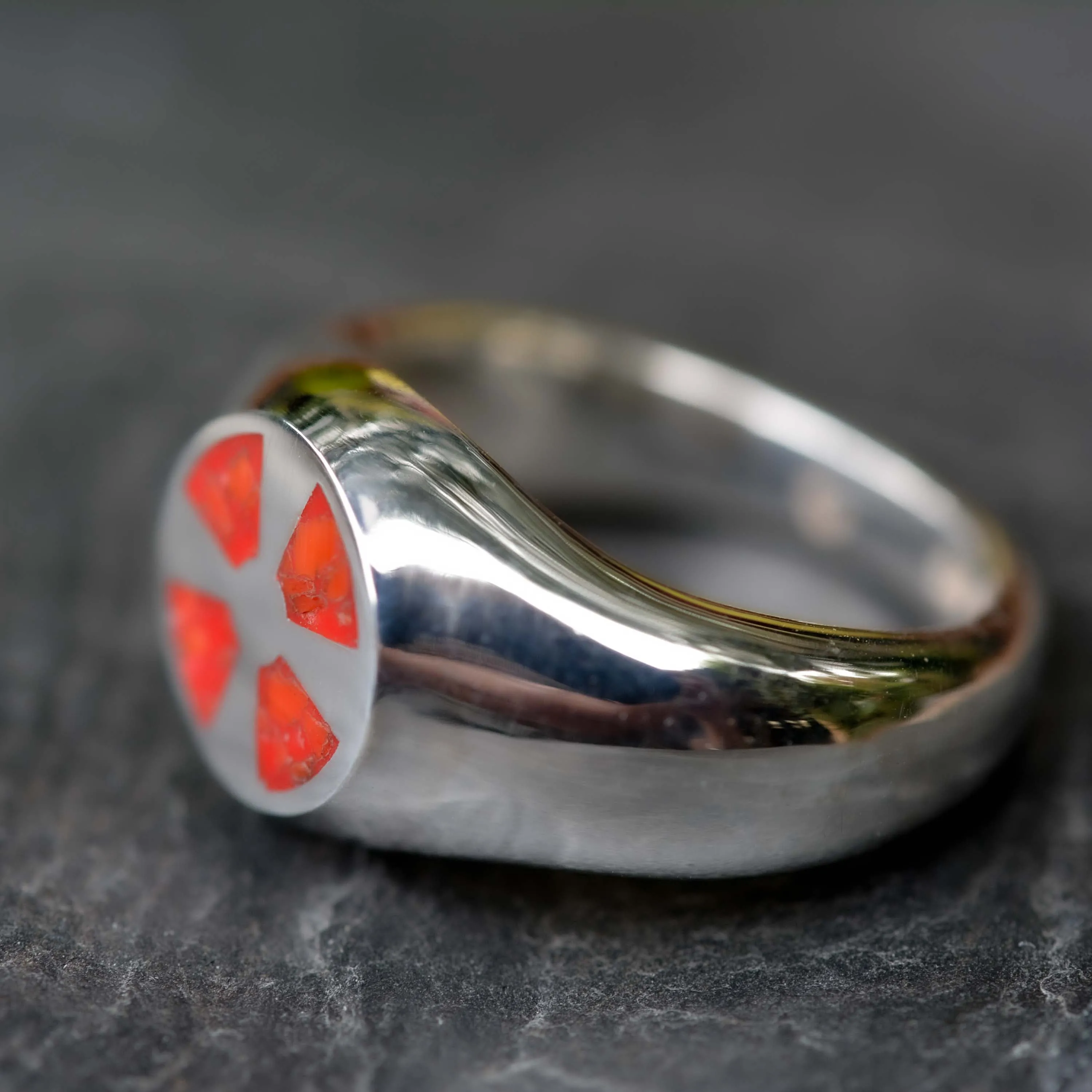 Bold Silver Signet Ring with Red Irish Cross and Coral Inlay ***SPECIAL OFFER***