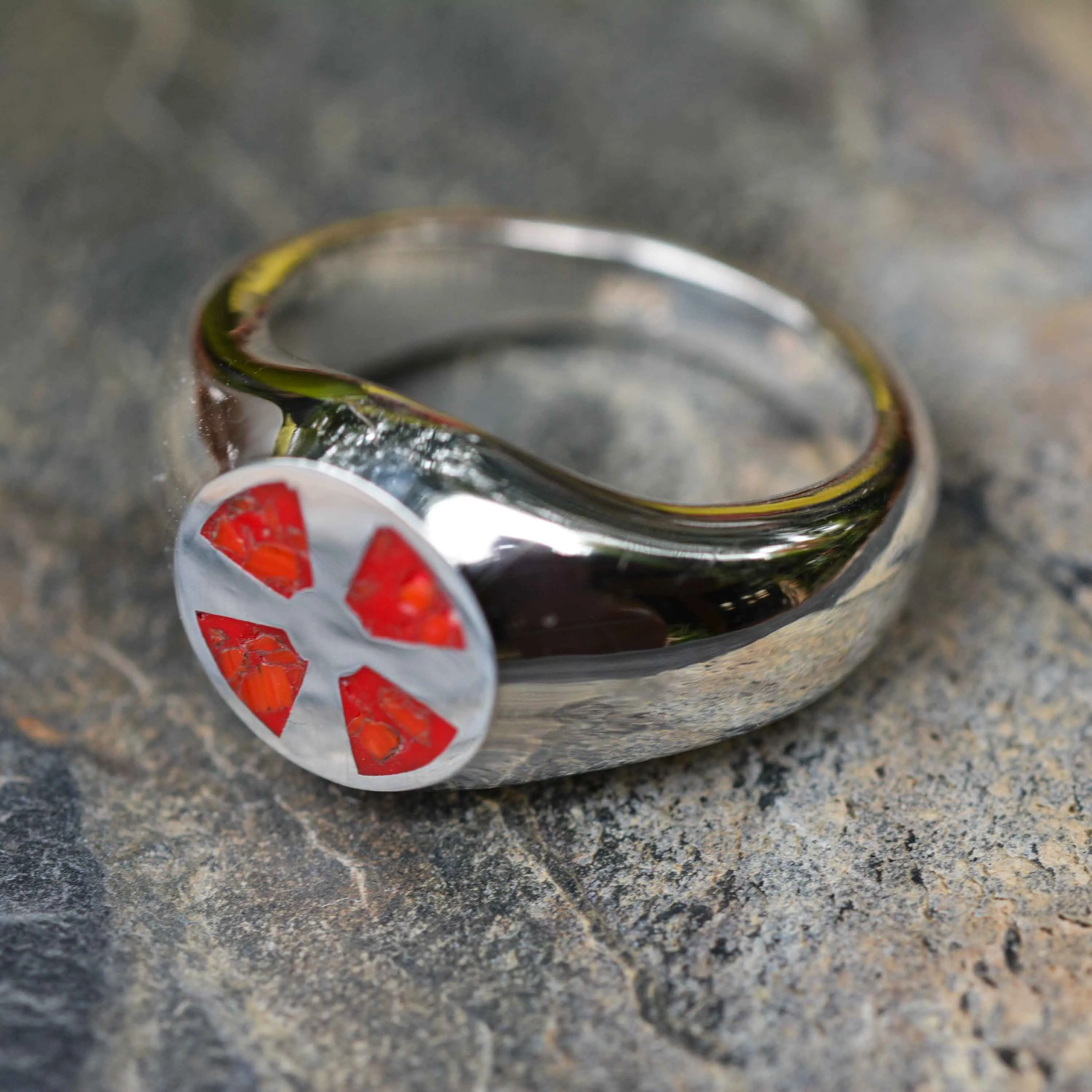 Bold Silver Signet Ring with Red Irish Cross and Coral Inlay ***SPECIAL OFFER***