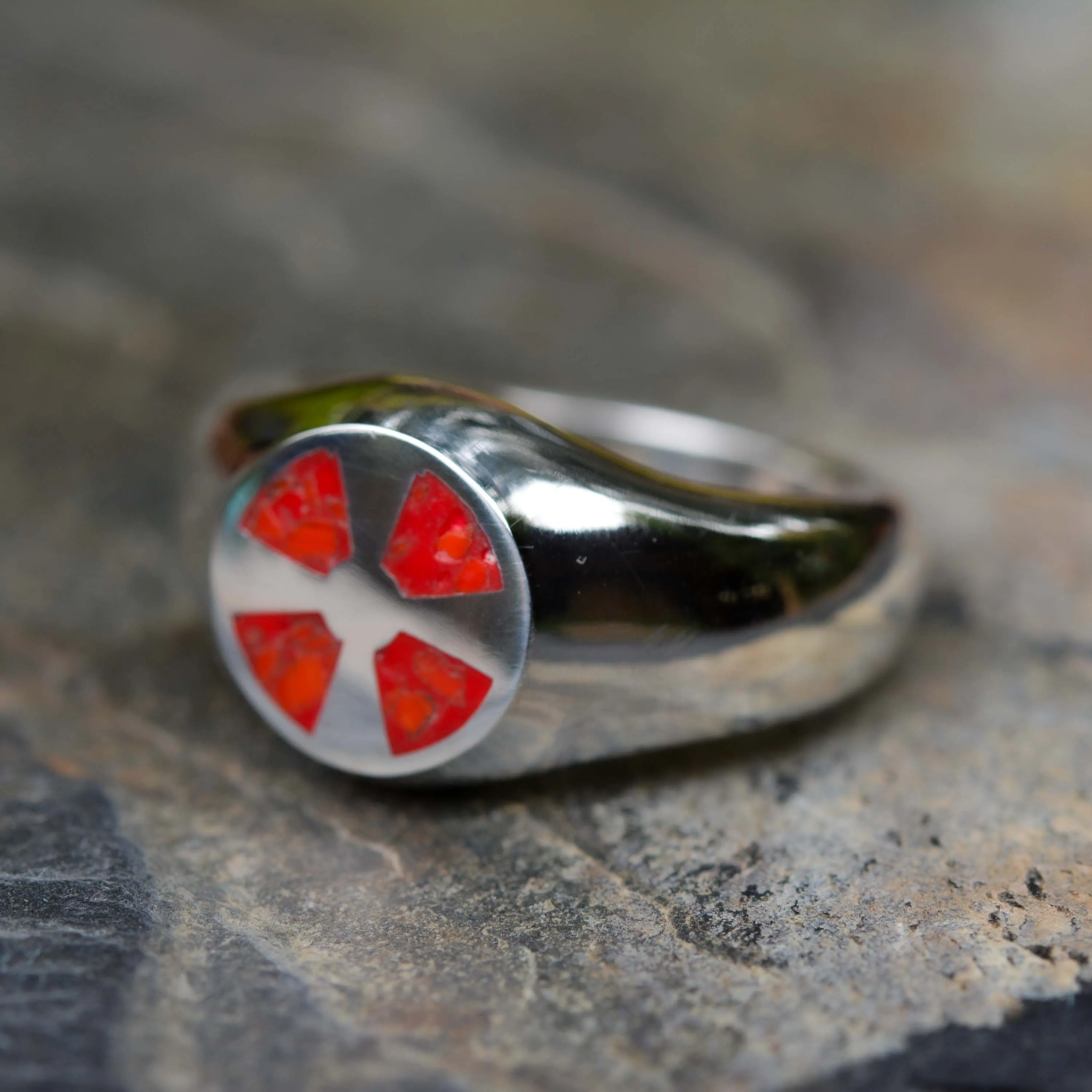 Bold Silver Signet Ring with Red Irish Cross and Coral Inlay ***SPECIAL OFFER***