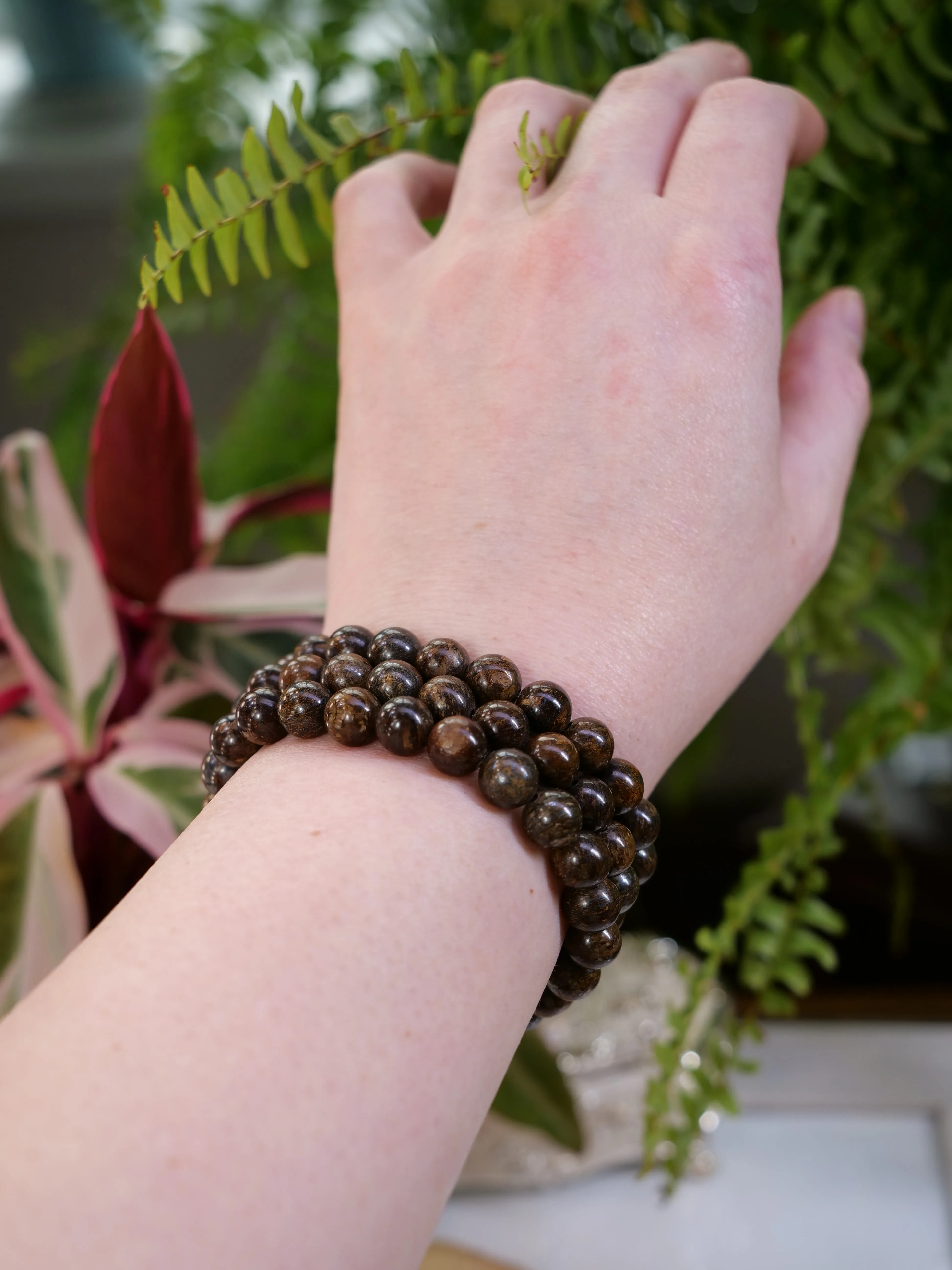 Bronzite 8mm Beaded Natural Gemstone Elastic Bracelet, Genuine Top Grade Gift Jewelry, Men Women Fashion Crystal Energy Jewellery