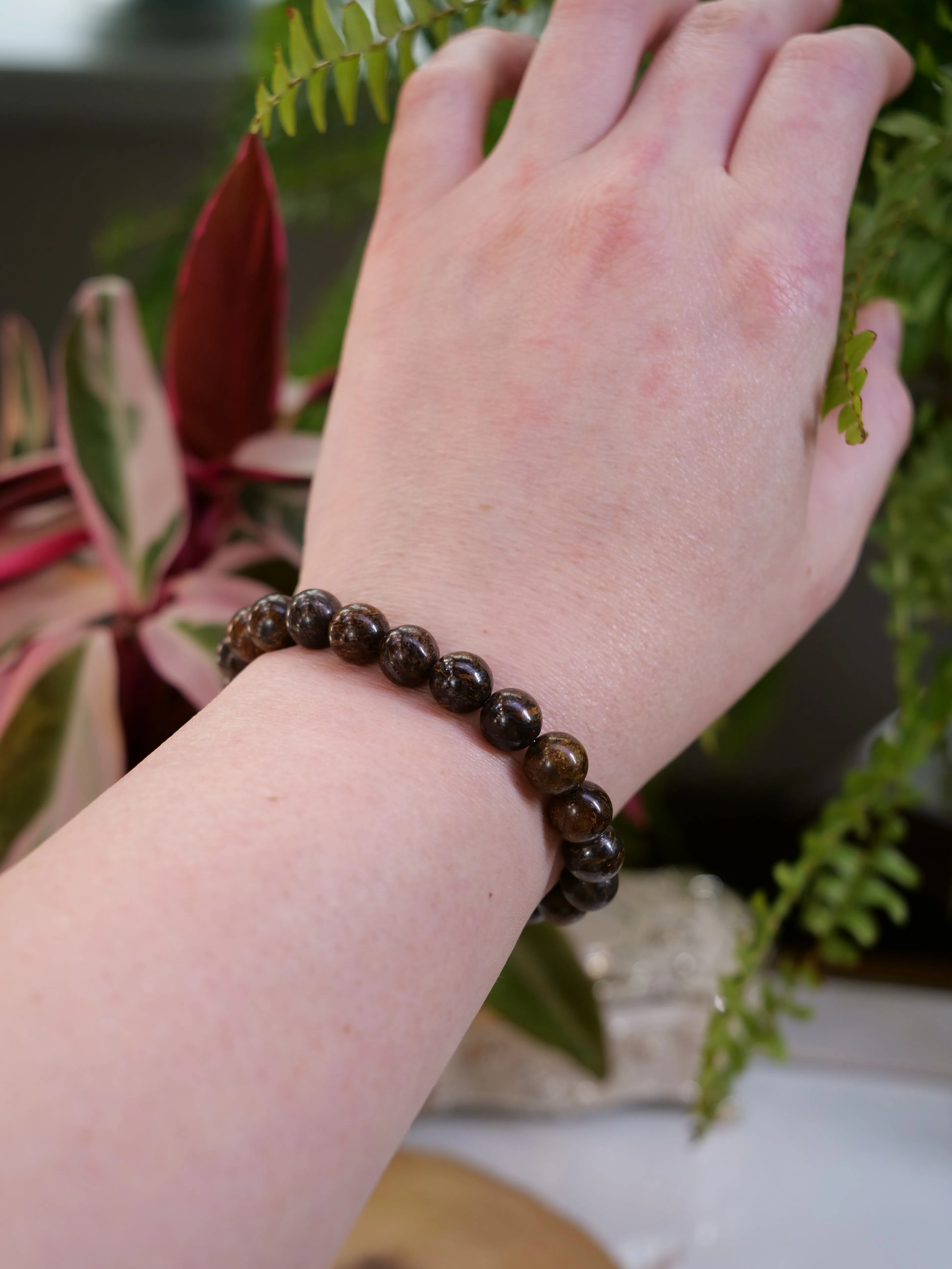 Bronzite 8mm Beaded Natural Gemstone Elastic Bracelet, Genuine Top Grade Gift Jewelry, Men Women Fashion Crystal Energy Jewellery