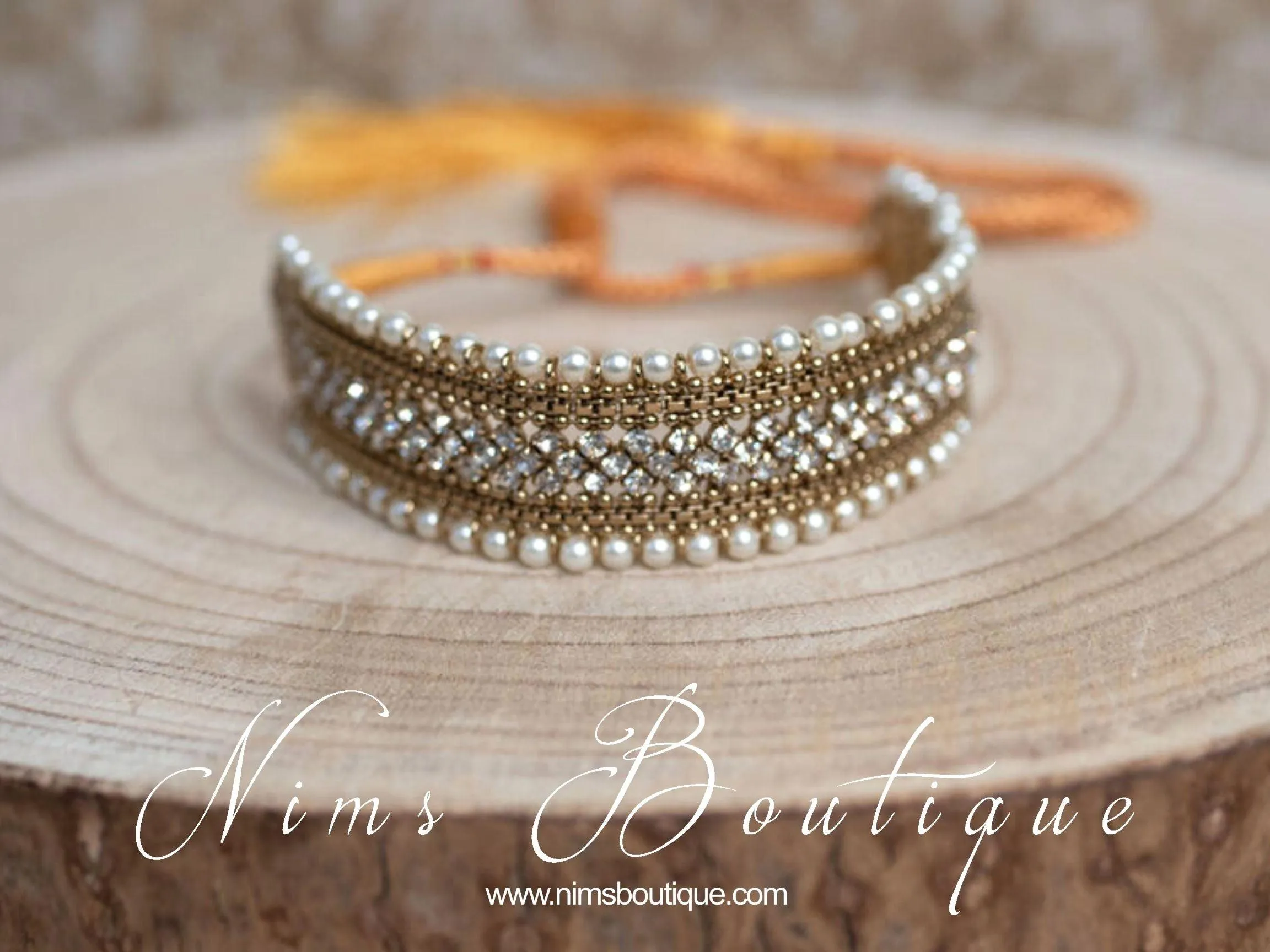 Celina Pearl & Antique Gold Choker with Clear Stone