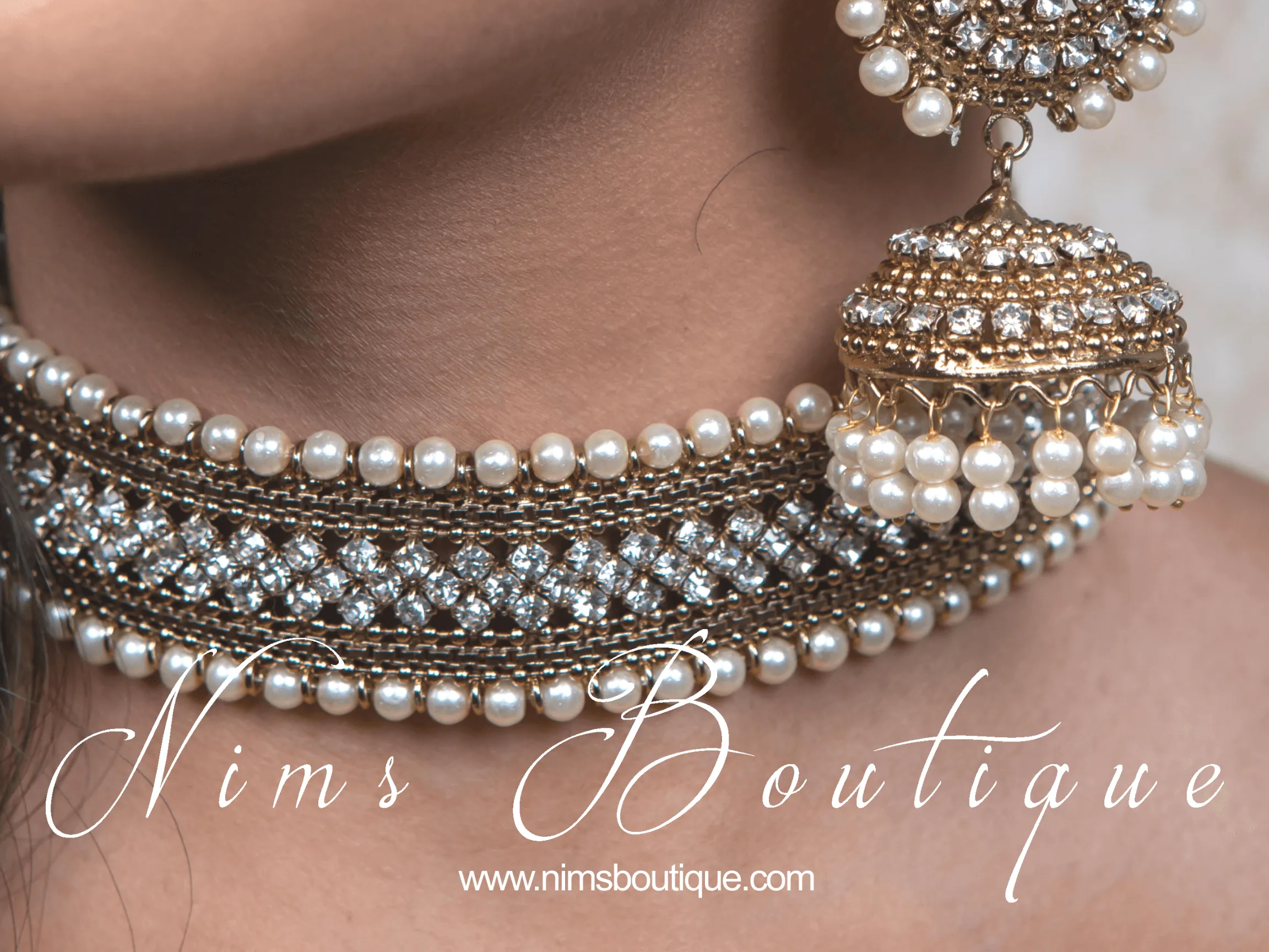 Celina Pearl & Antique Gold Choker with Clear Stone