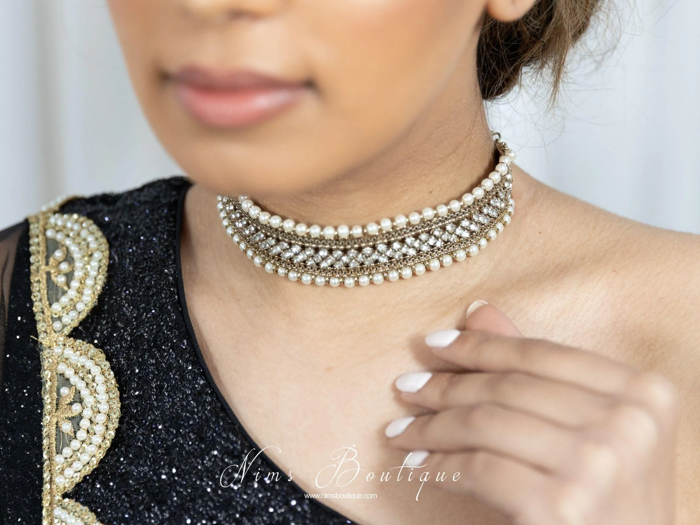 Celina Pearl & Antique Gold Choker with Clear Stone