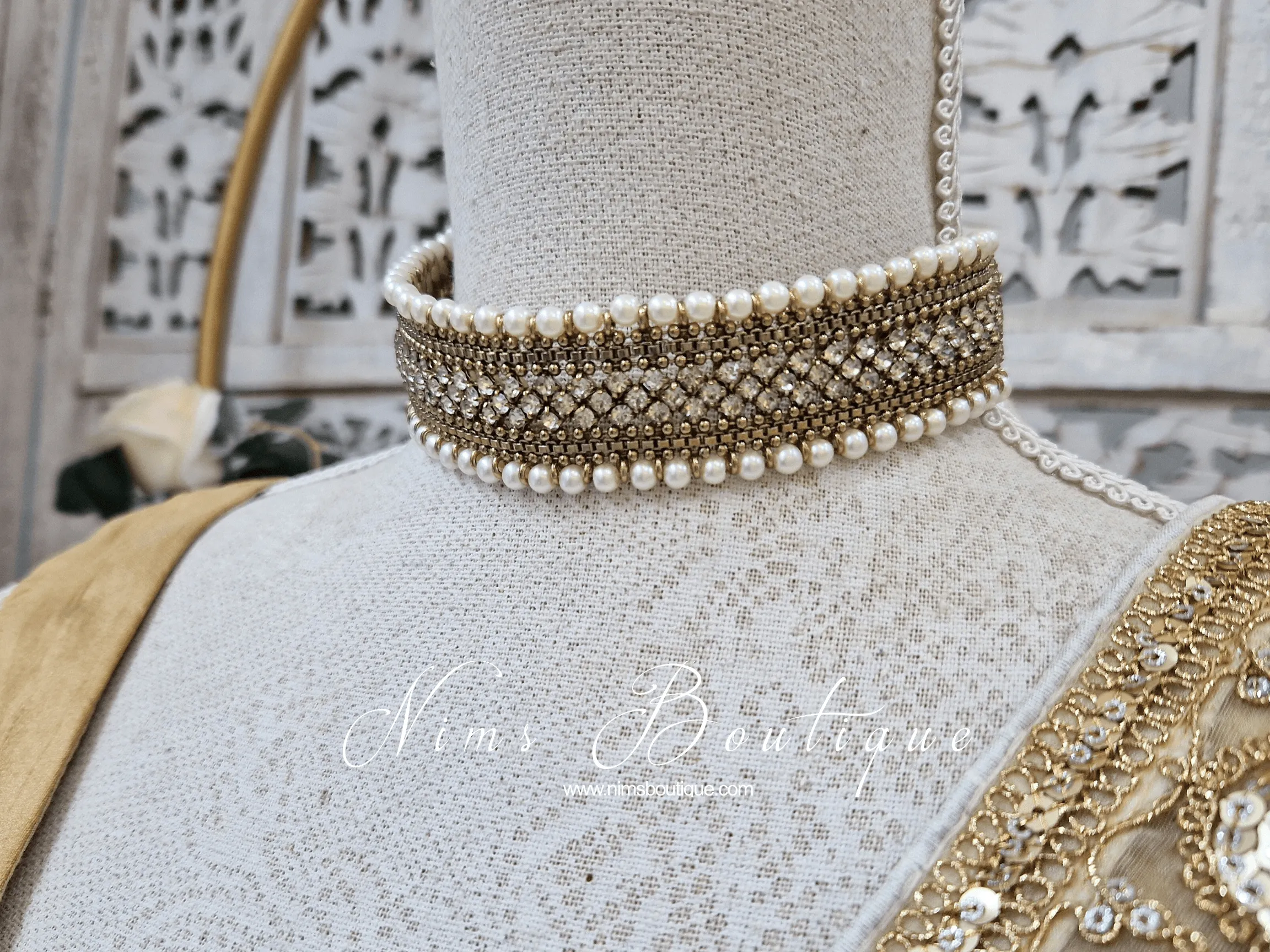 Celina Pearl & Antique Gold Choker with Clear Stone