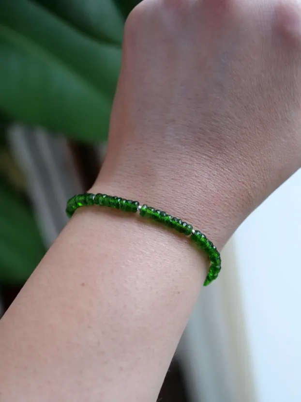 Chrome Diopside 3 - 4 mm Beaded Natural Gemstone Sterling Silver/14ct Gold Filled Bracelet, Genuine Top Grade Gift Jewelry, Women Fashion Jewellery