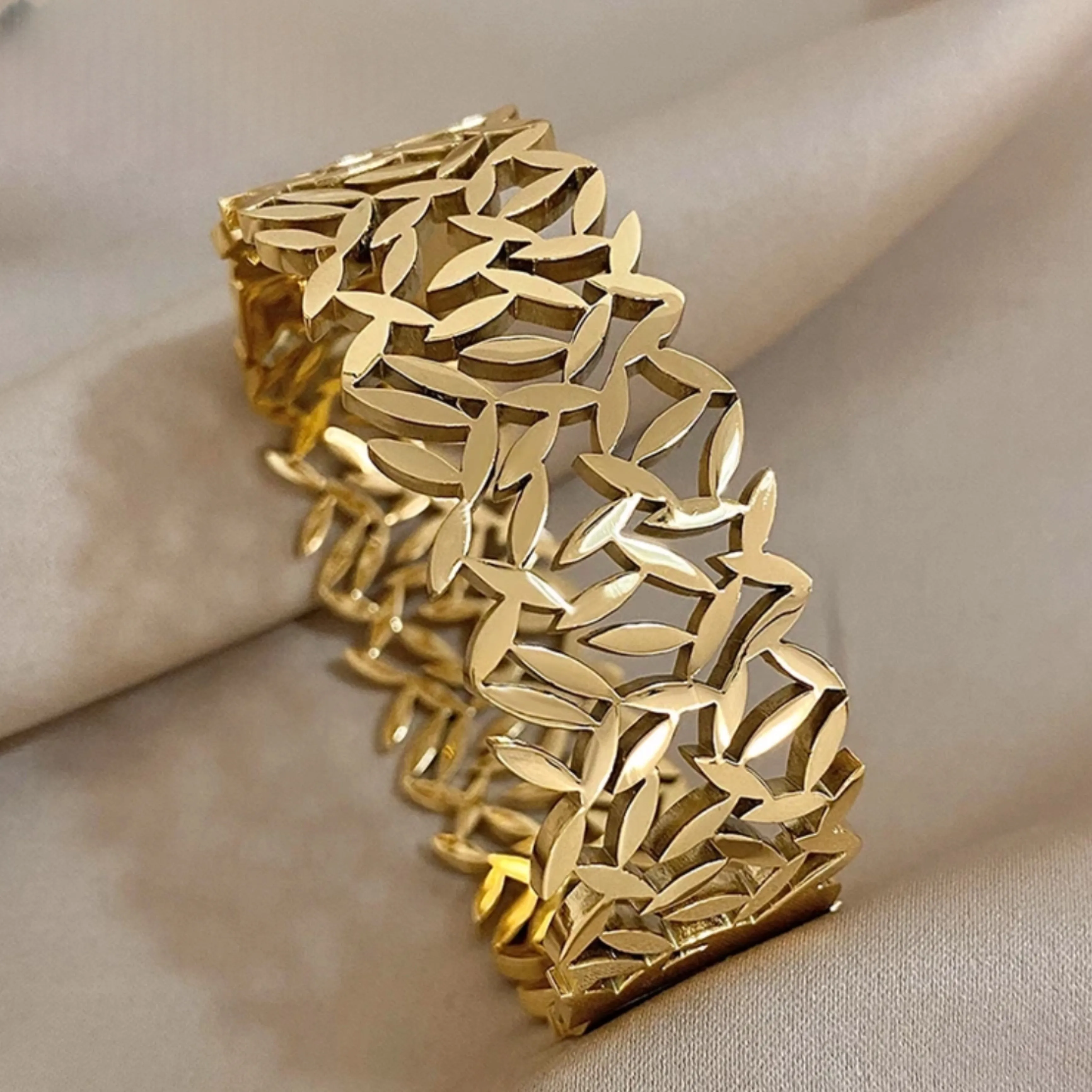 Chunky Leaf Wide Bangle Bracelet - Gold or Silver