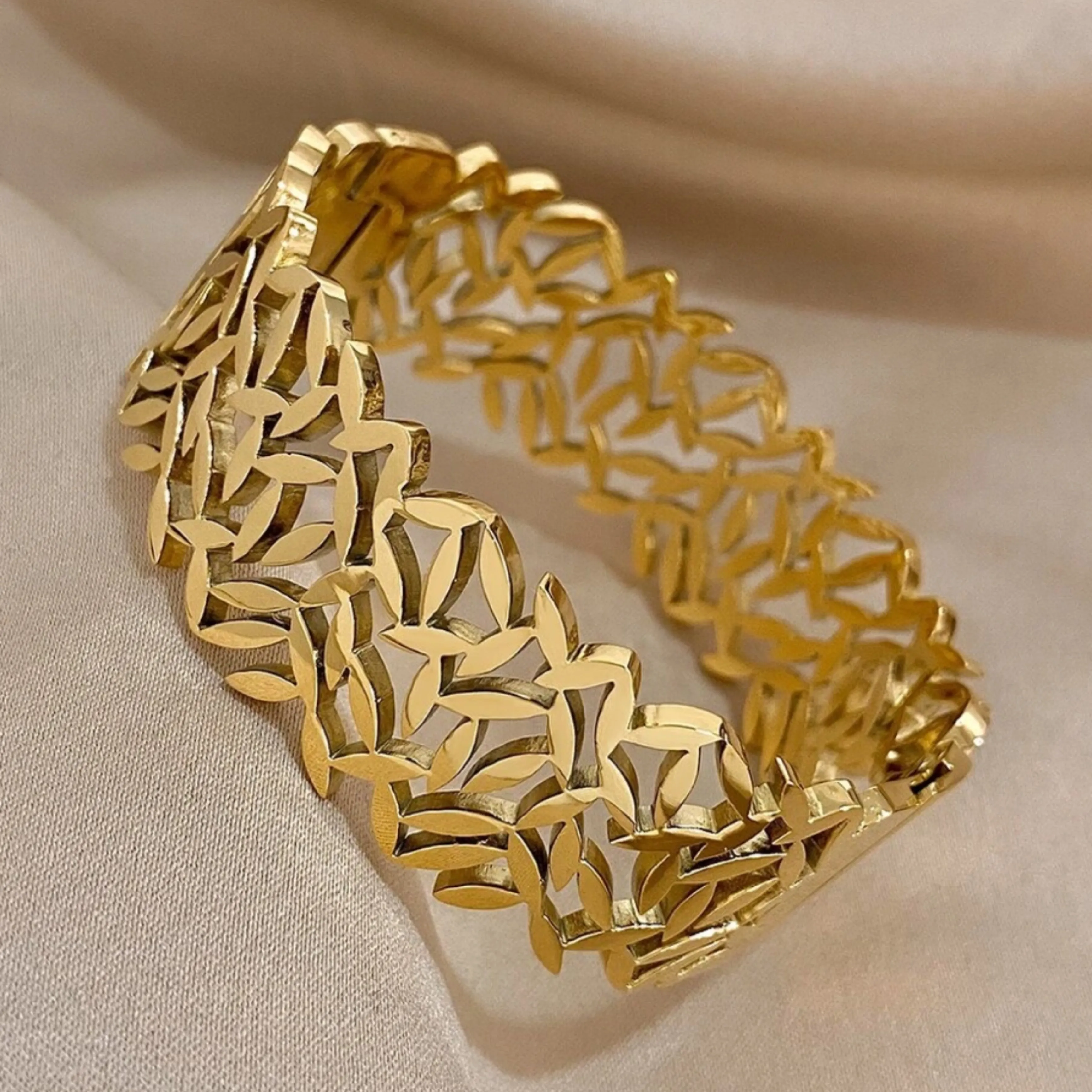 Chunky Leaf Wide Bangle Bracelet - Gold or Silver