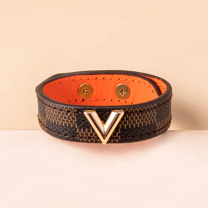 Classic Brown Plaid Stripe Leather Bracelets Bangles For Women