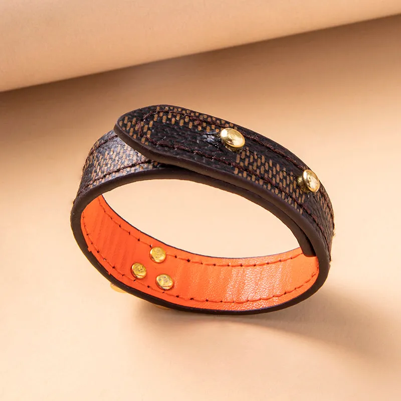 Classic Brown Plaid Stripe Leather Bracelets Bangles For Women