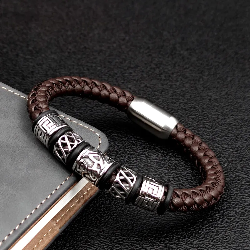 Coffee Leather With 5 Viking Bead Bracelets