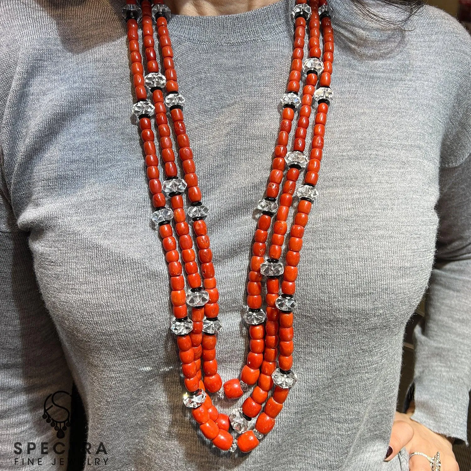 Contemporary Coral Bead Rock Crystal Tiered Necklace