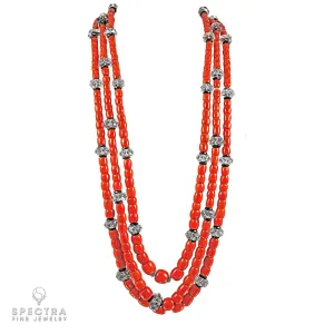 Contemporary Coral Bead Rock Crystal Tiered Necklace