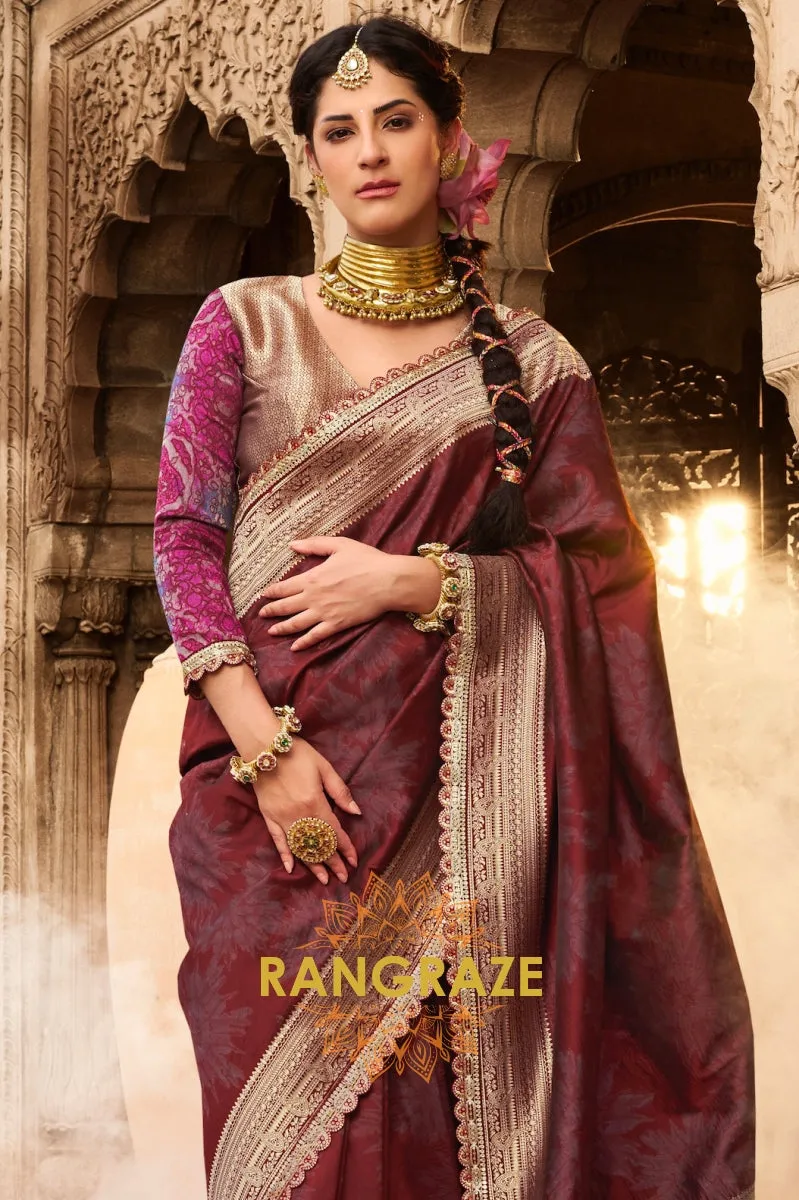Crimson Wine Banarasi Silk Saree with Gold Zari Highlights and Designer Blouse