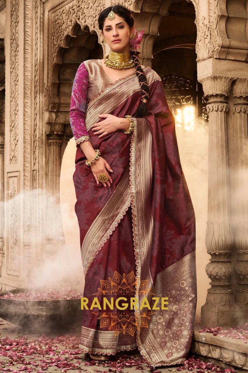 Crimson Wine Banarasi Silk Saree with Gold Zari Highlights and Designer Blouse