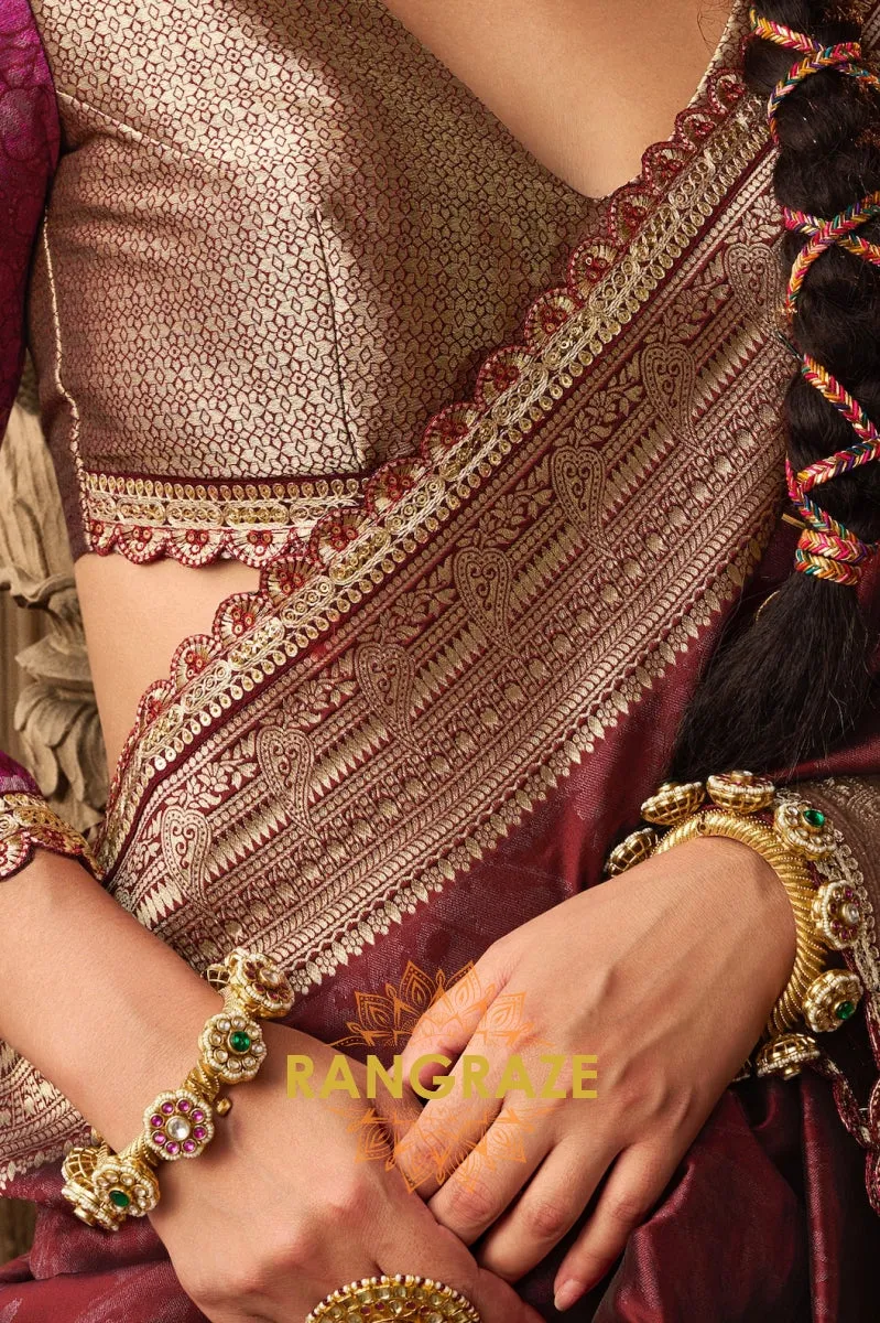 Crimson Wine Banarasi Silk Saree with Gold Zari Highlights and Designer Blouse