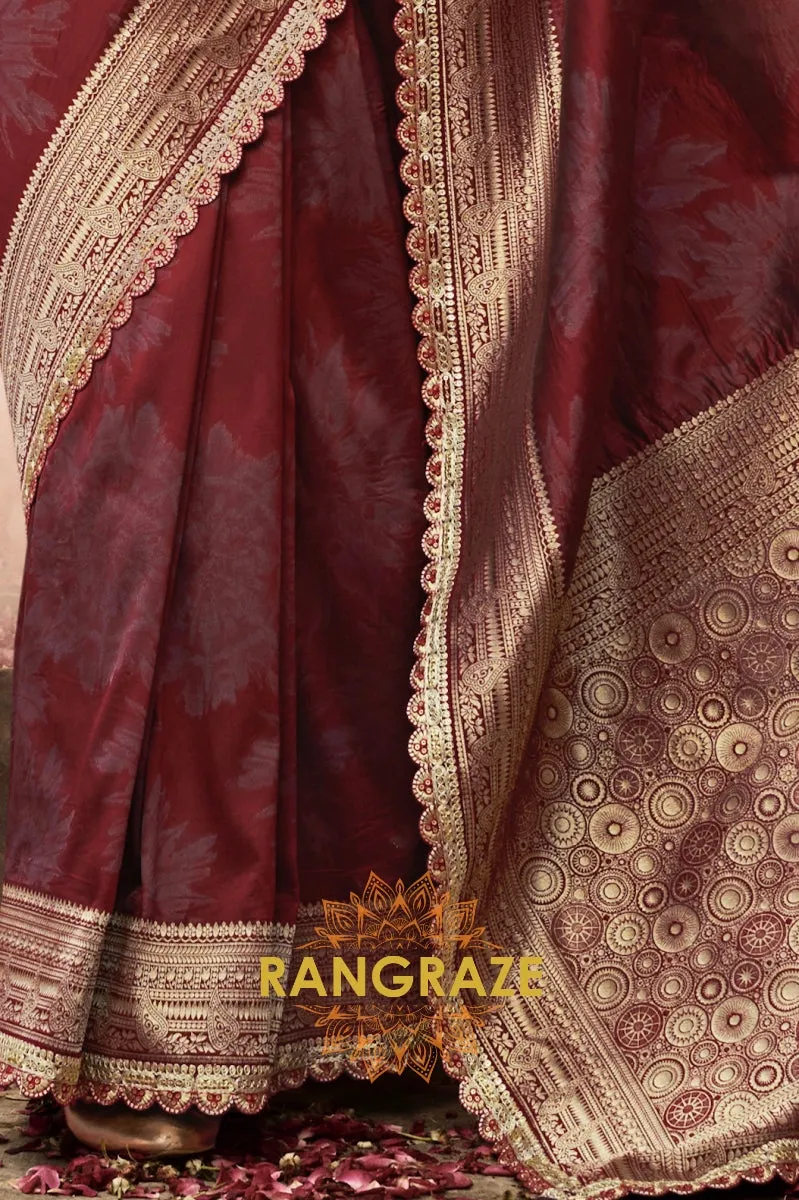 Crimson Wine Banarasi Silk Saree with Gold Zari Highlights and Designer Blouse