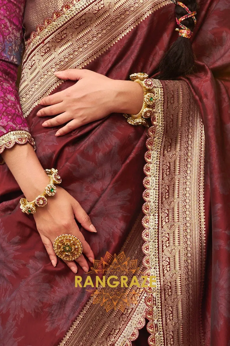Crimson Wine Banarasi Silk Saree with Gold Zari Highlights and Designer Blouse
