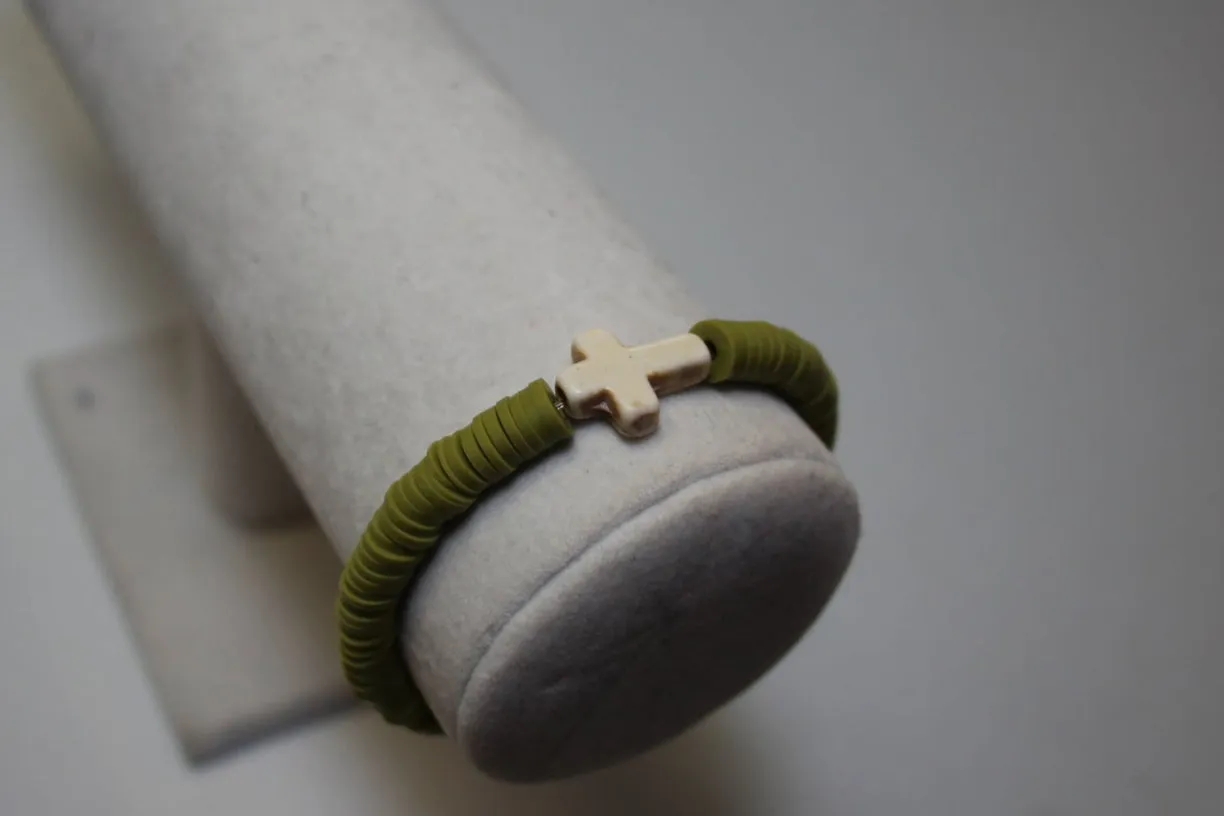 Cross Charm Bracelet w/ Green Disc Beads by Beaded Beauties