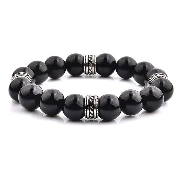 Crucible Stainless Steel Polished Onyx Tribal Beaded Stretch Bracelet (12mm)