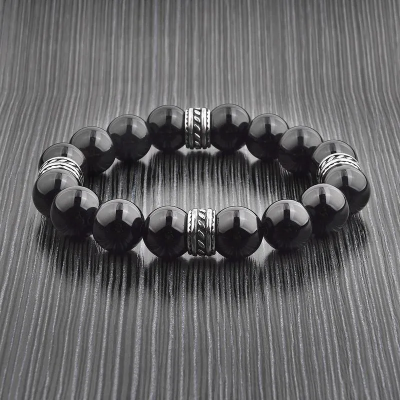 Crucible Stainless Steel Polished Onyx Tribal Beaded Stretch Bracelet (12mm)