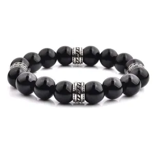 Crucible Stainless Steel Polished Onyx Tribal Beaded Stretch Bracelet (12mm)