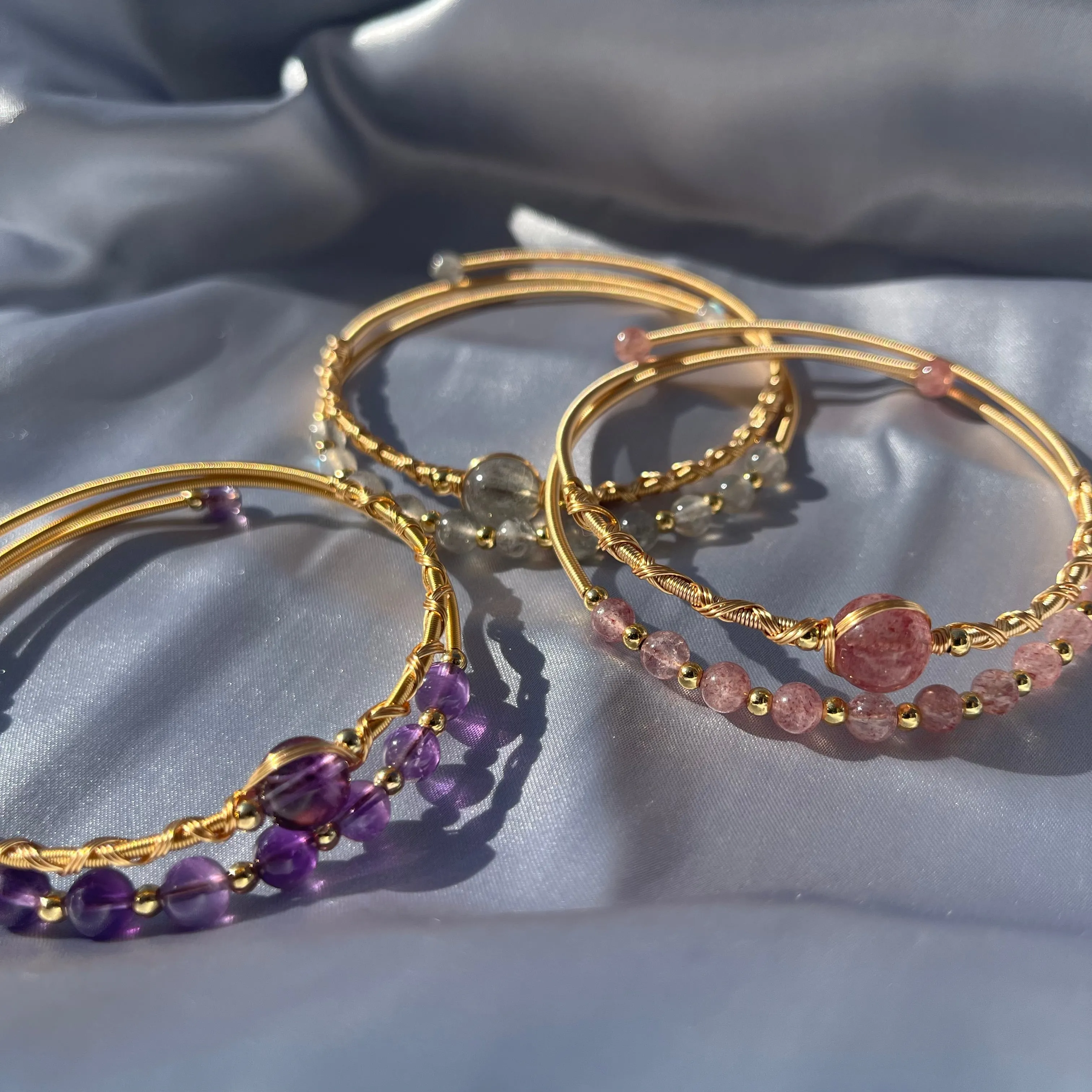 Crystal Bead Bangles - Rose Quartz, Labradorite, Amethyst high grade