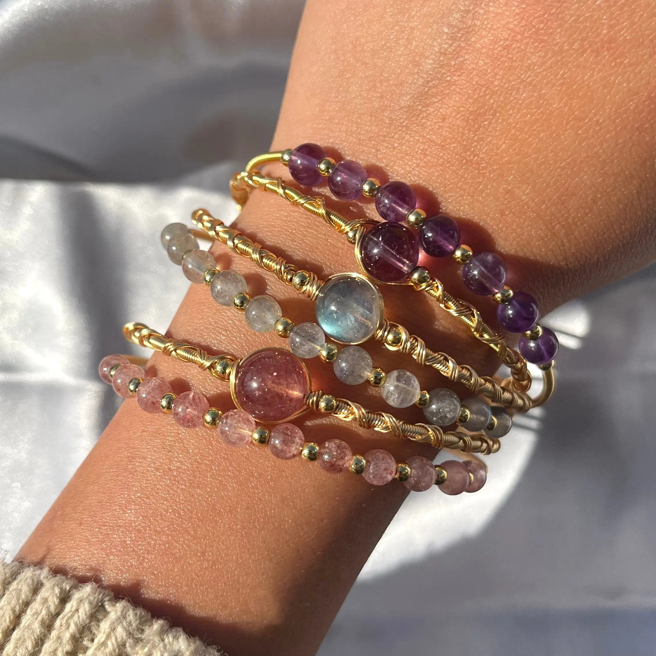 Crystal Bead Bangles - Rose Quartz, Labradorite, Amethyst high grade