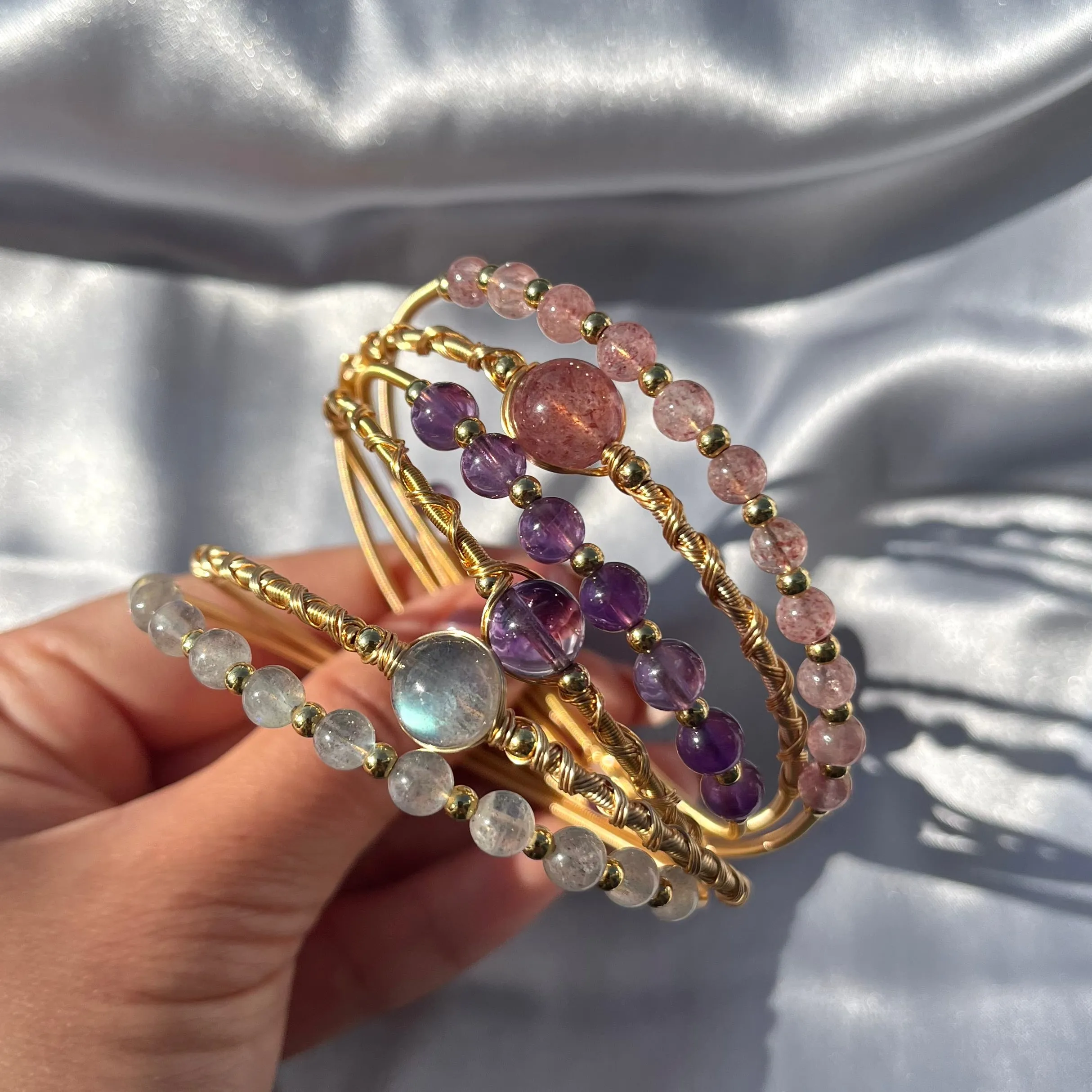 Crystal Bead Bangles - Rose Quartz, Labradorite, Amethyst high grade