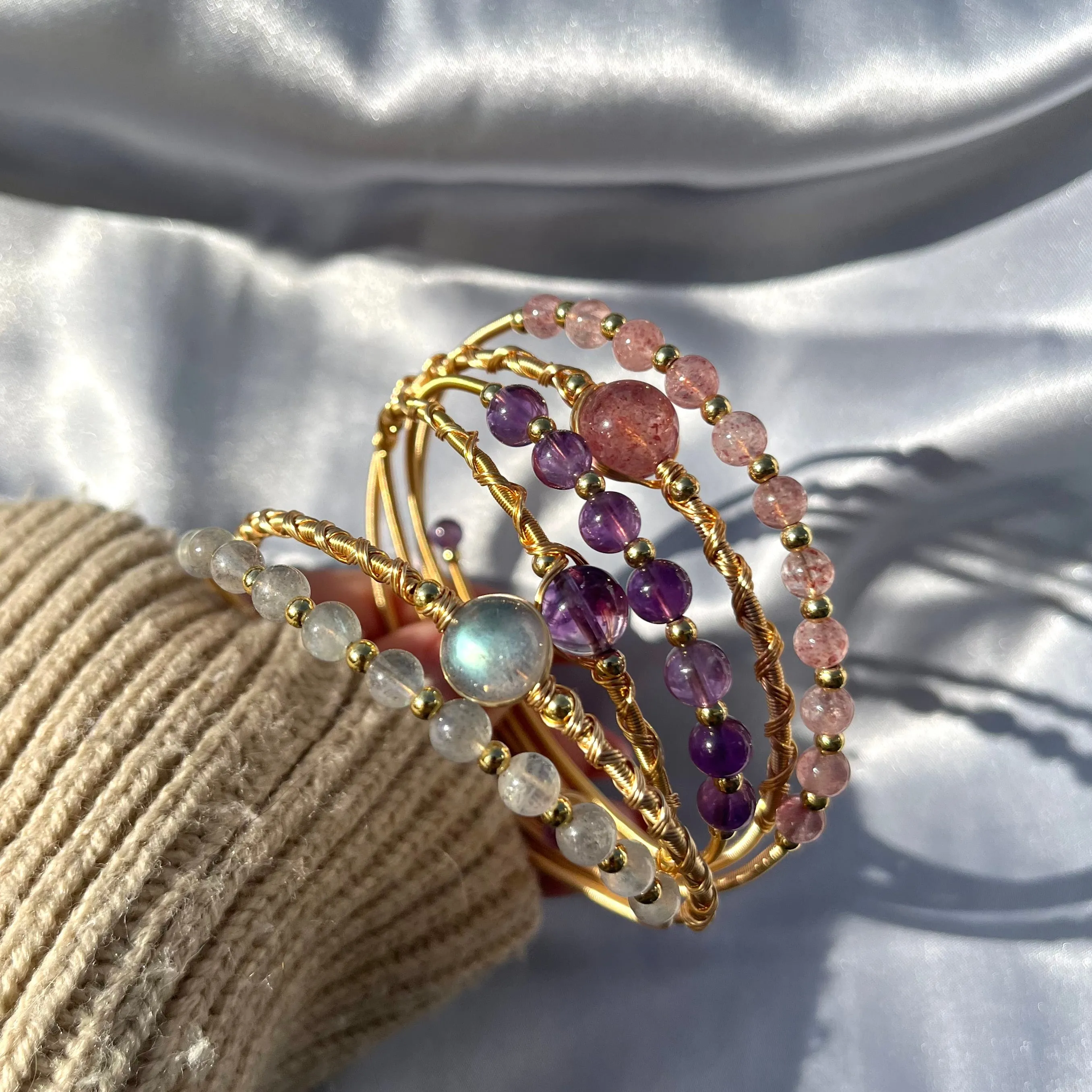 Crystal Bead Bangles - Rose Quartz, Labradorite, Amethyst high grade