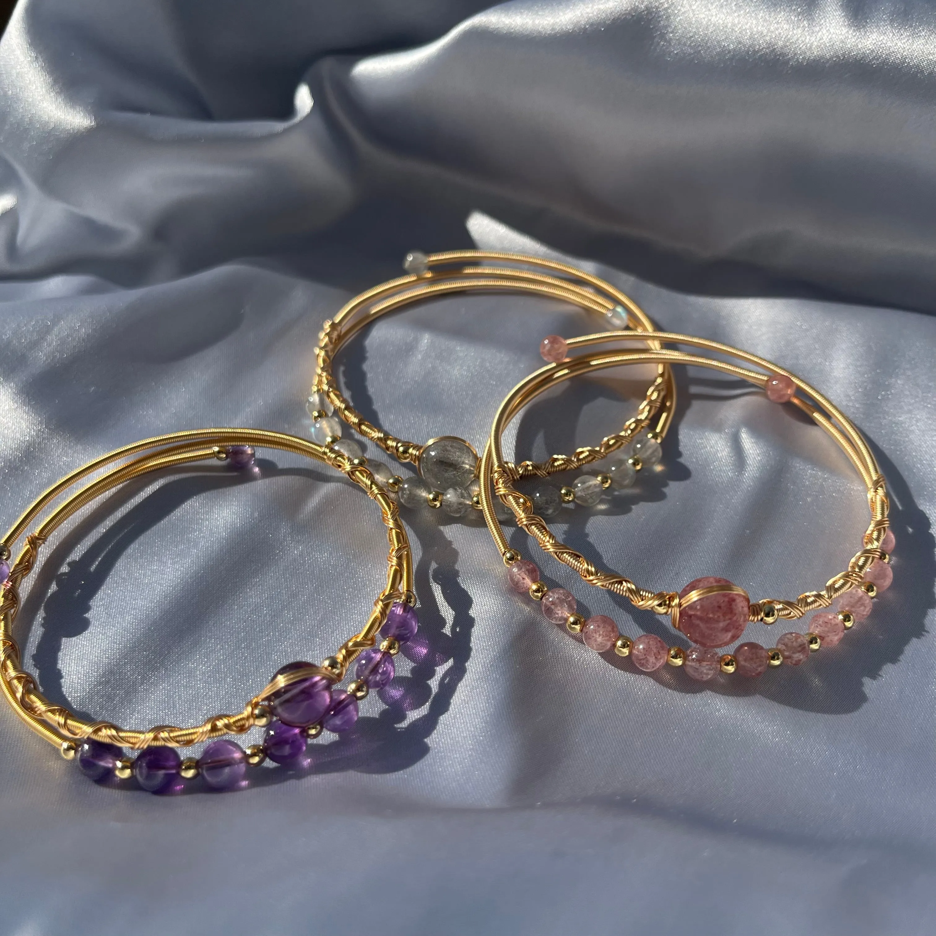 Crystal Bead Bangles - Rose Quartz, Labradorite, Amethyst high grade