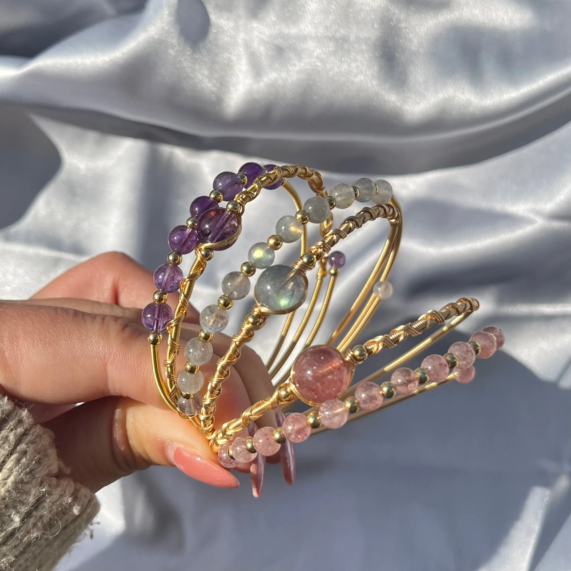 Crystal Bead Bangles - Rose Quartz, Labradorite, Amethyst high grade