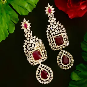 Dangle Semi Precious Ruby American Diamond Earrings (E373)