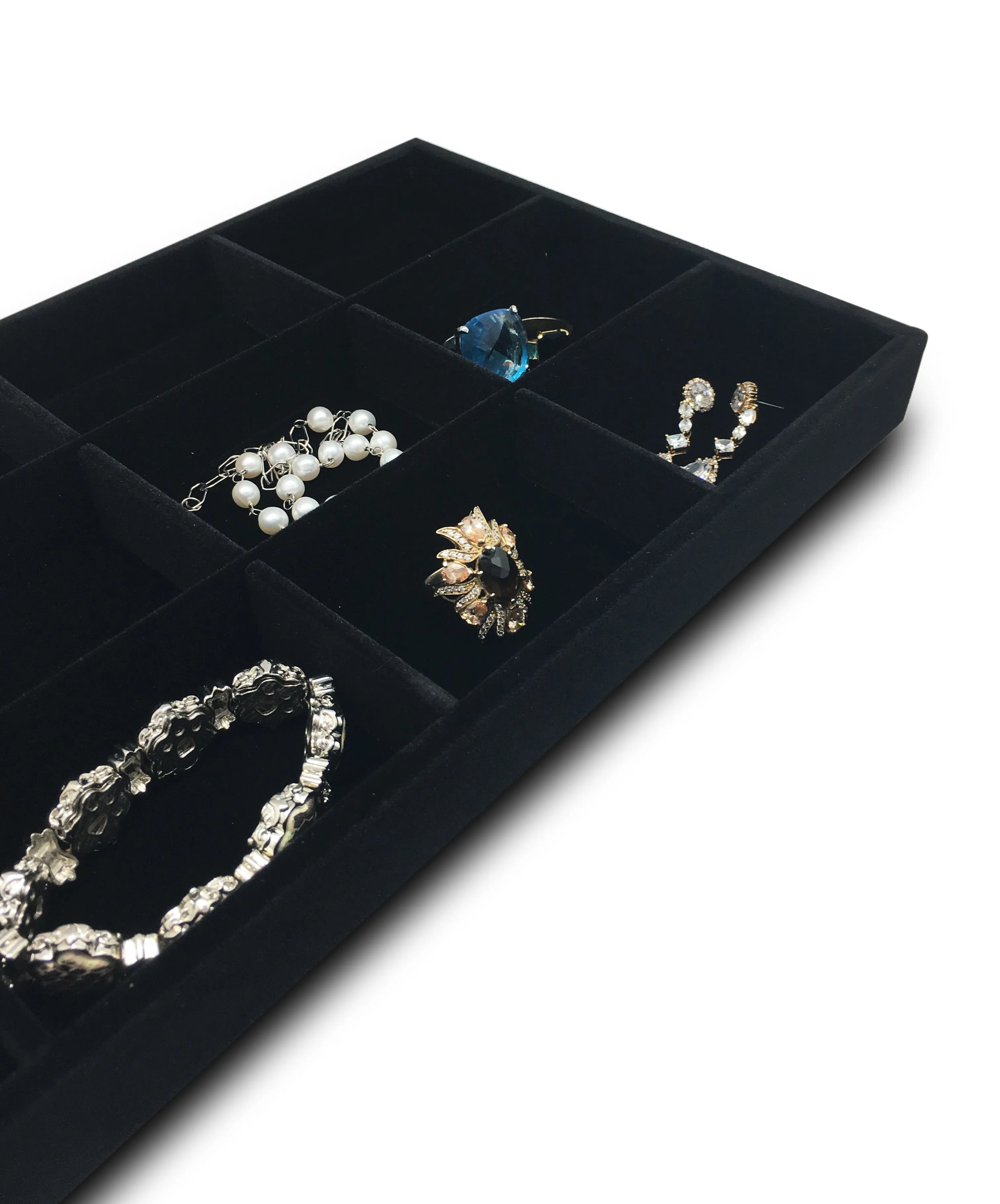 Deluxe Black Velvet 12 Compartment Stackable Jewelry Tray