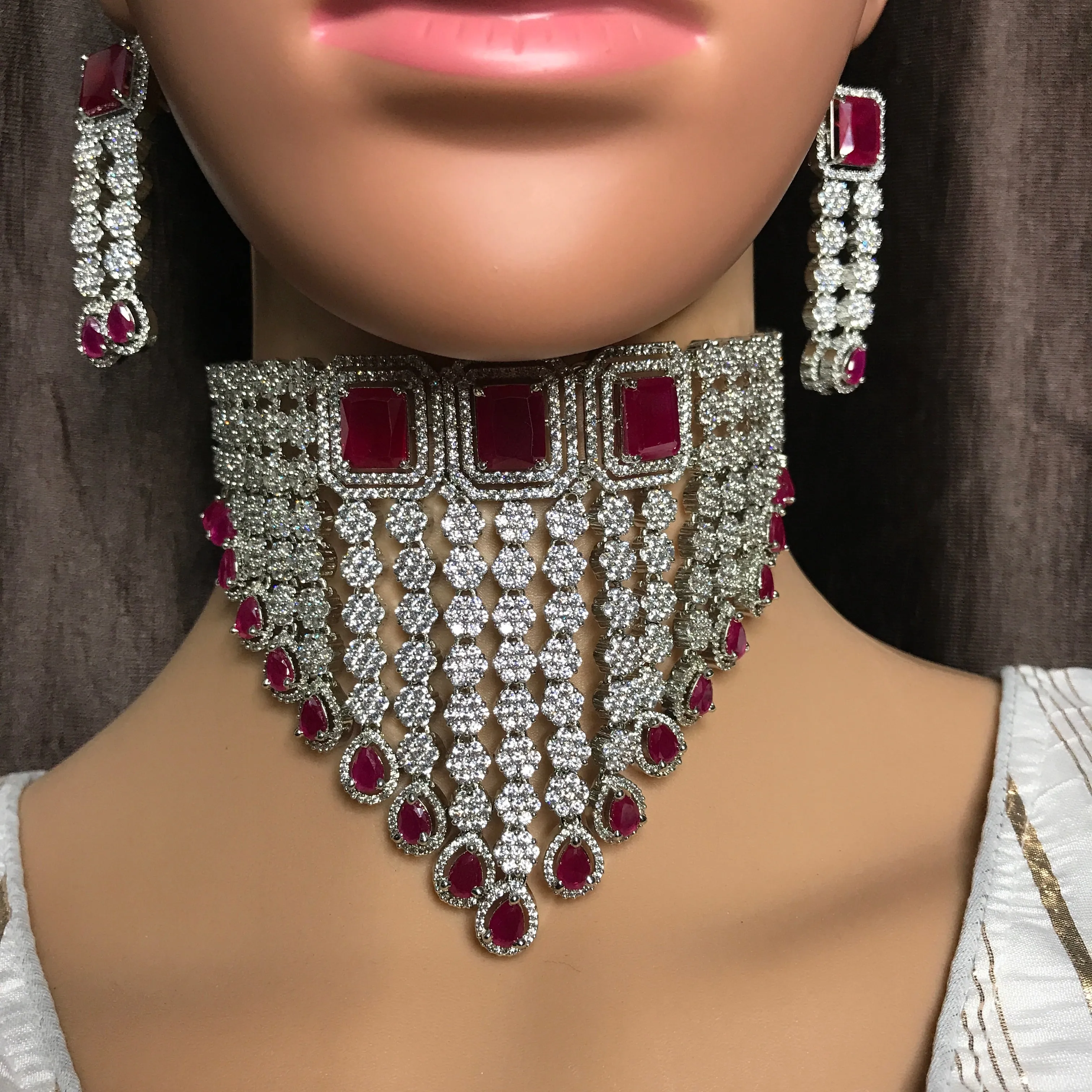Designer American Diamond & Ruby Necklace with Earrings (D747)