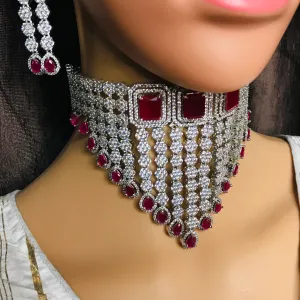 Designer American Diamond & Ruby Necklace with Earrings (D747)
