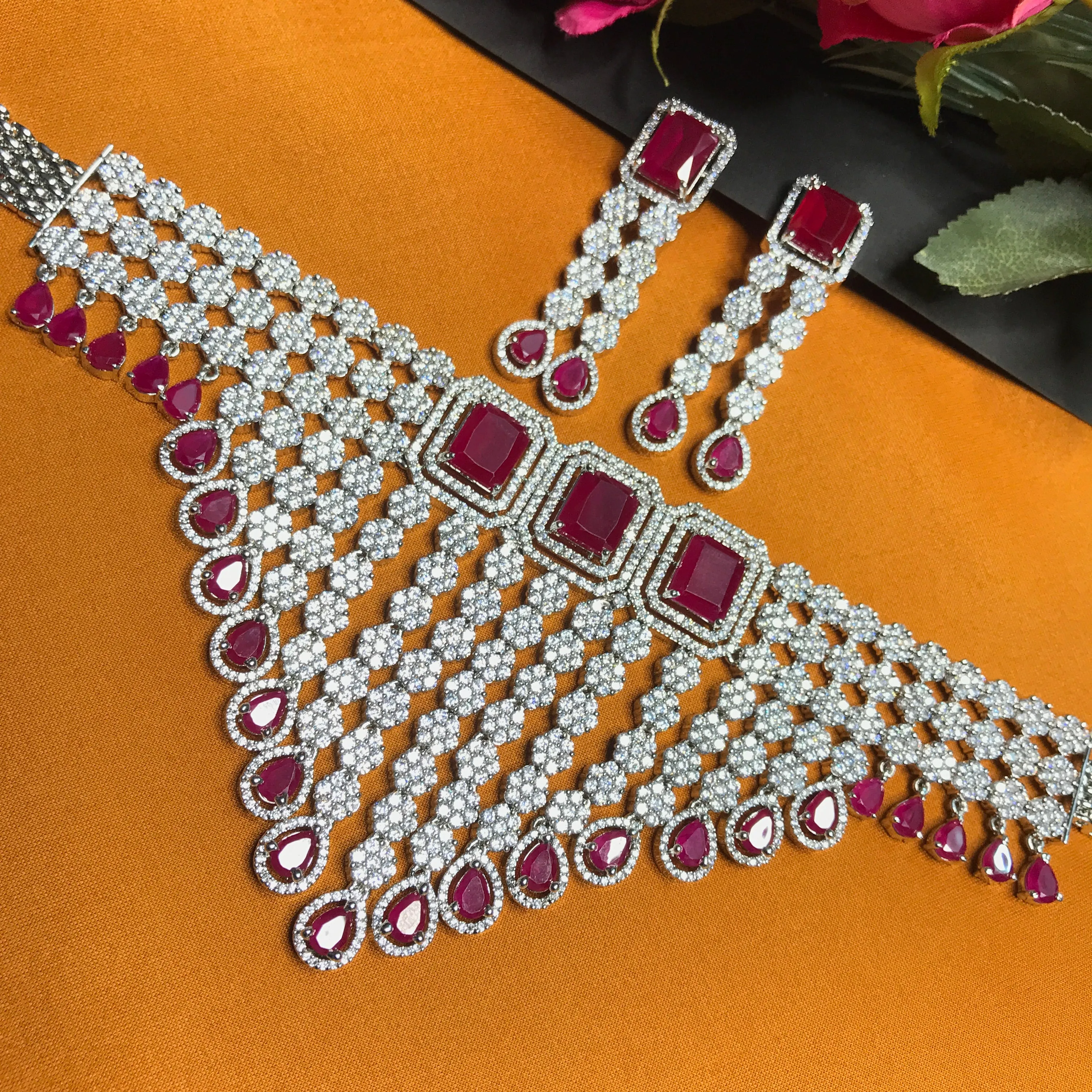 Designer American Diamond & Ruby Necklace with Earrings (D747)