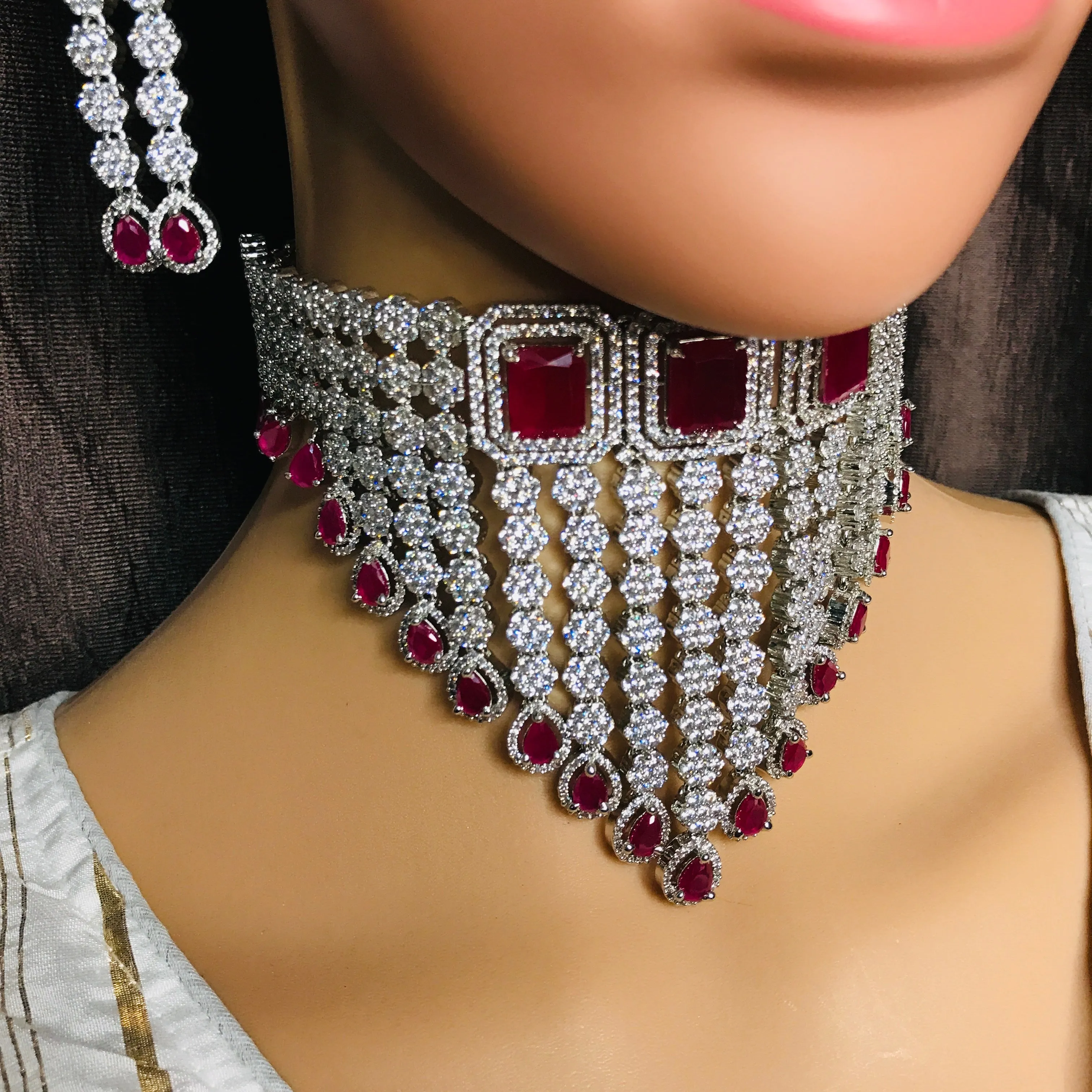 Designer American Diamond & Ruby Necklace with Earrings (D747)