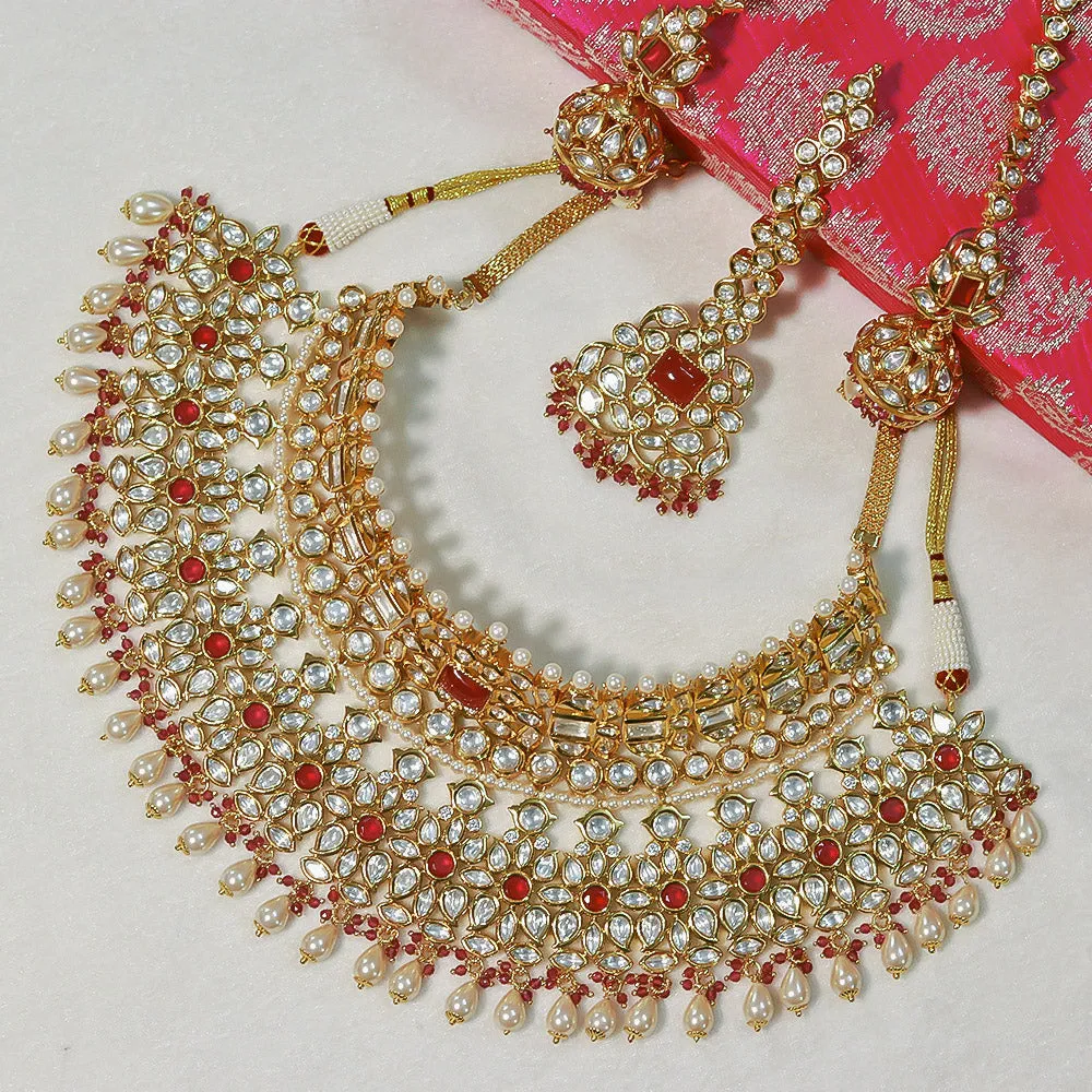 Designer Bridal Gold Plated Royal Kundan & Ruby Necklace (D521)