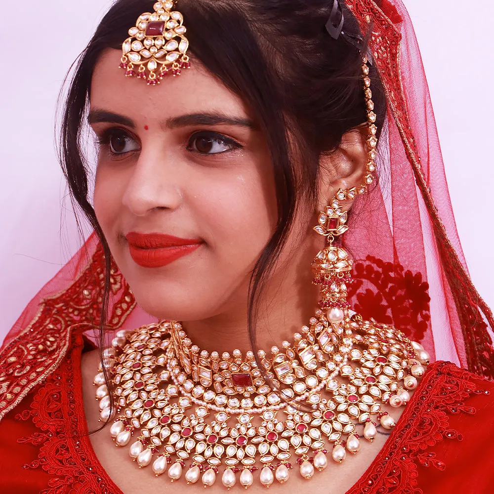 Designer Bridal Gold Plated Royal Kundan & Ruby Necklace (D521)