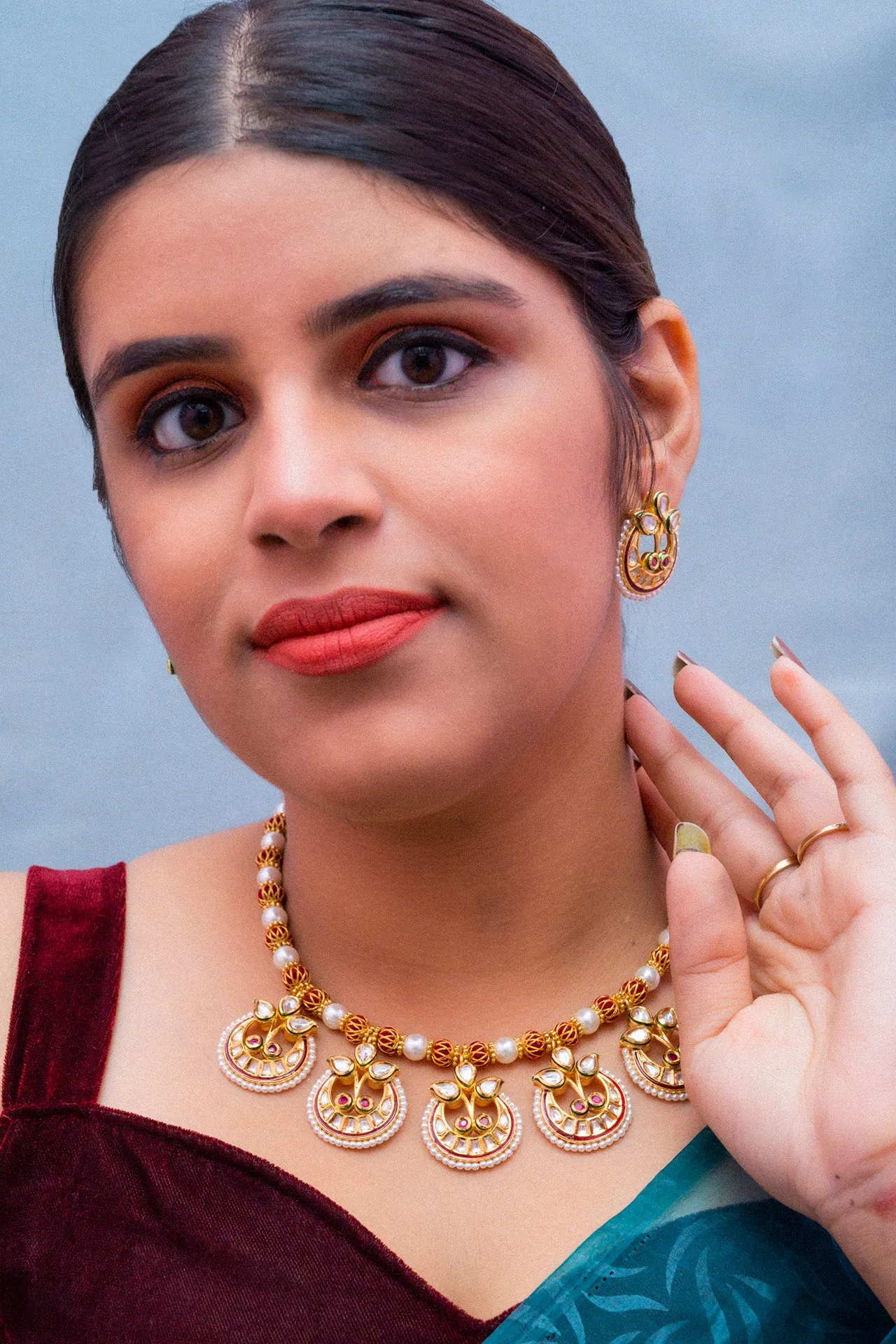 Designer Gold Plated Kundan & Ruby Stone Necklace with Earrings (D334)