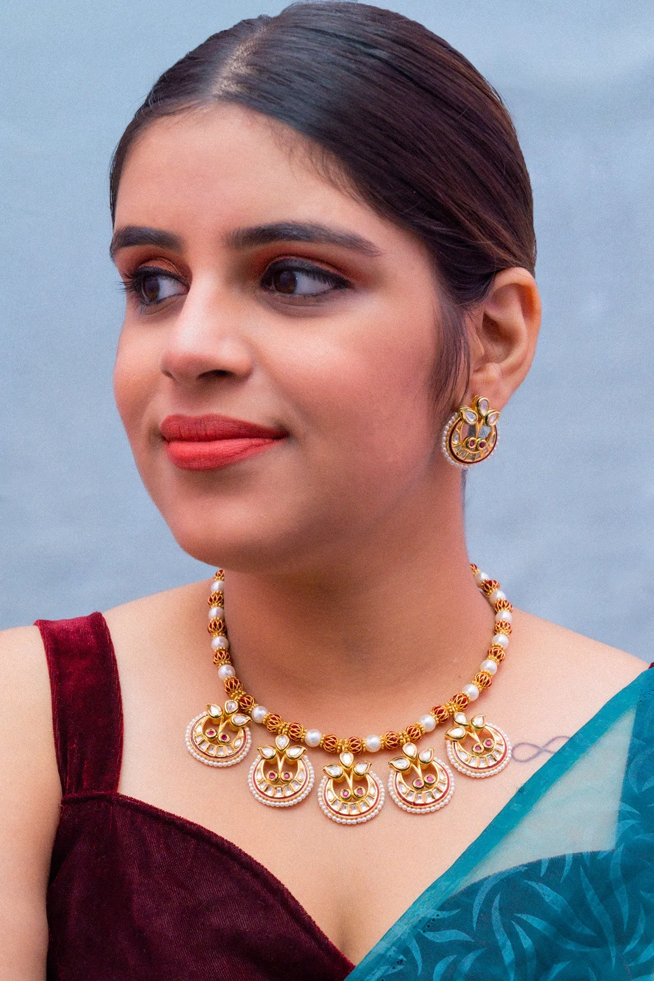 Designer Gold Plated Kundan & Ruby Stone Necklace with Earrings (D334)