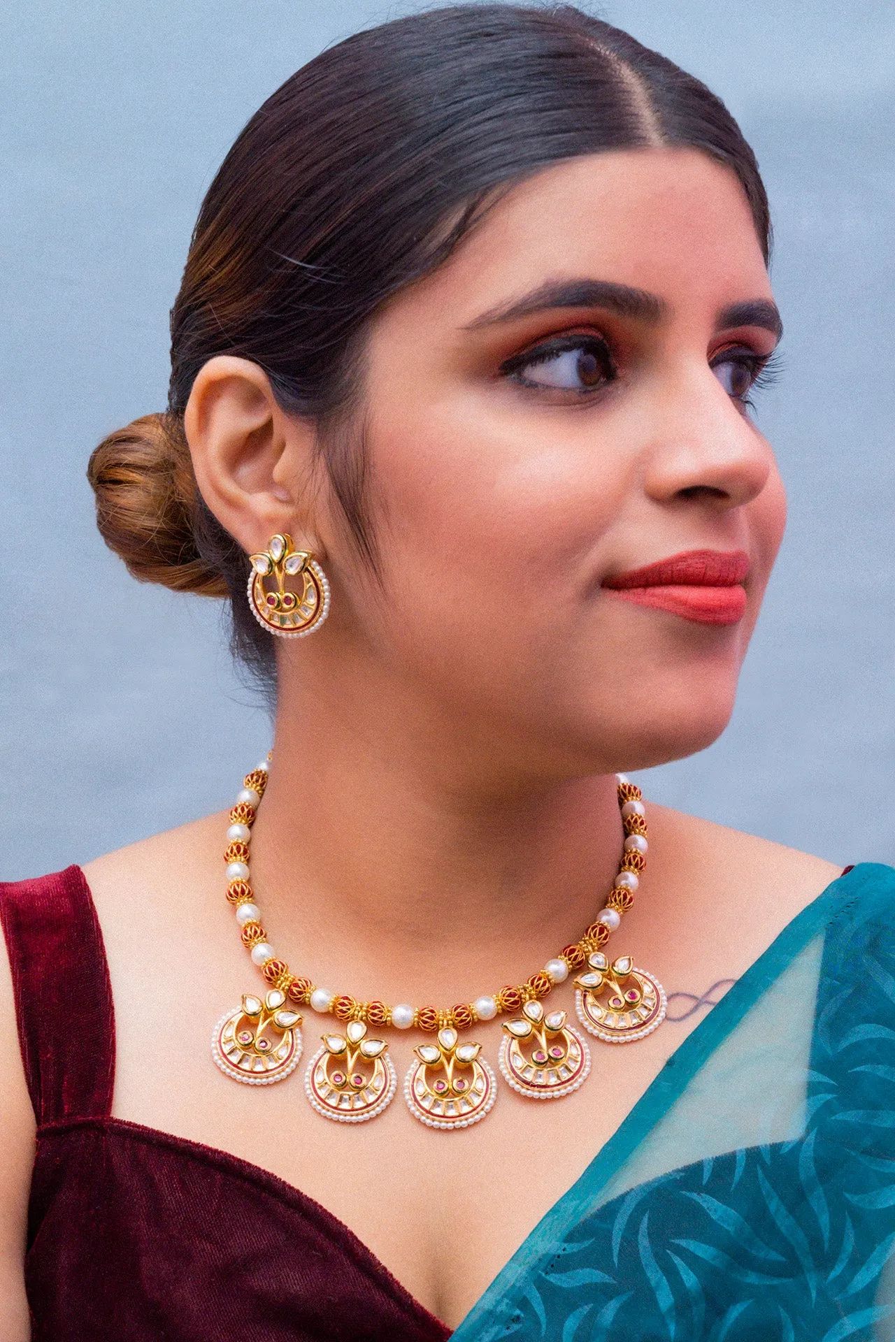 Designer Gold Plated Kundan & Ruby Stone Necklace with Earrings (D334)